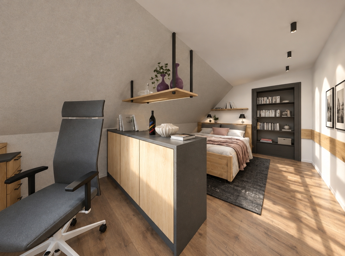 An incredibly lifelike, richly detailed, photorealistic wide-angle interior shot of a minimalist bedroom suite set in an urban loft during a crisp autumn midday. The scene is illuminated by soft, natural light streaming in from an unseen window, creating a serene and zen-inspired atmosphere that emphasizes the clean geometry of the space. Captured with a 24mm wide-angle lens, the composition highlights the seamless integration of a sleek, dark gray partition that zones the sleeping area from a functional workspace. 

The room is a masterclass in uncluttered, streamlined design, featuring a monochromatic palette of crisp whites, charcoal grays, and warm, natural wood grain finishes. The bed is dressed in elegant, soft textiles with subtle pastel accents, anchored by a dark rug that grounds the room. Minimalist decor—a single photography book, a piece of abstract wall art, and a vibrant indoor plant—adds a touch of life to the otherwise functional surfaces. The architectural lines are sharp and deliberate, with the sloped attic ceiling creating a cozy, intimate human scale. Every element, from the slender metal supports of the overhead shelving to the high-quality wood flooring, reflects a commitment to simplicity, elegance, and calm, modern living.