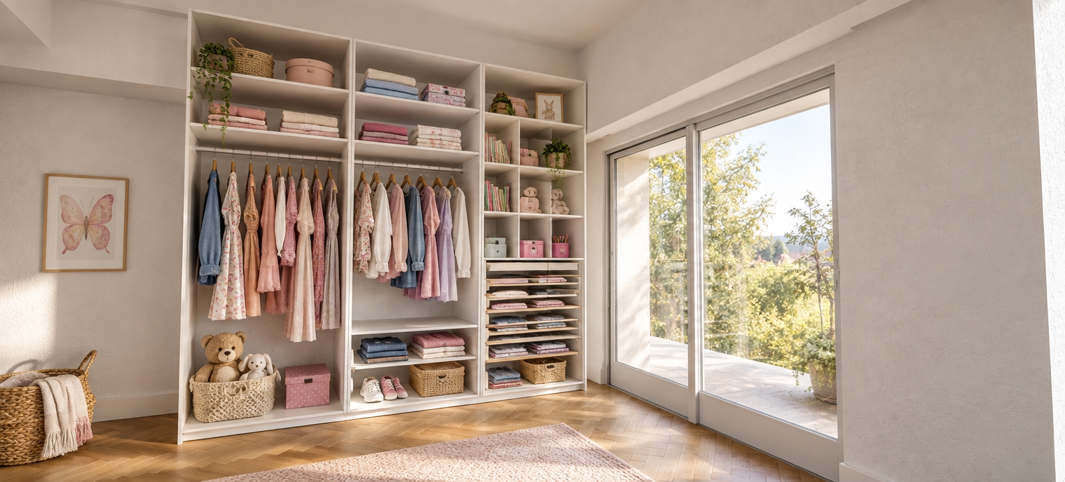 Architectural photograph of the custom closet system rendered in matte white melamine, preserving the exact room geometry, perspective, and herringbone floor. The open sections and hanging rails are styled with organized 10-year-old girl's apparel, including hanging dresses, neatly folded colorful clothes, and accessories in the shelves. Diffuse natural daylight pours through the large sliding doors on the right, creating soft interior shadows and realistic depth across the textured walls and clean cabinetry with crisp photographic fidelity.