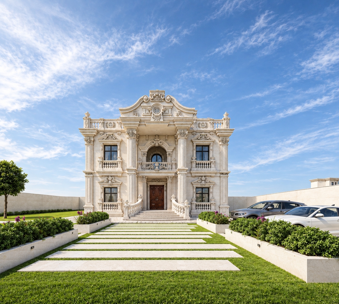 An incredibly lifelike, richly detailed, photorealistic wide-angle shot of a grand Neoclassical luxury villa set in a serene, sun-drenched estate. The scene is illuminated by soft, natural morning sunlight, creating a crisp, pristine, and sophisticated atmosphere. Captured with a 24mm wide-angle lens, emphasizing the intricate limestone carvings, deep ornamental moldings, and the polished mahogany of the central entryway. 

The architecture is a masterclass in symmetry, featuring majestic Corinthian columns, ornate balustrades, and elaborate pediments that cast soft, precise shadows across the white stone facade. A minimalist haven, the property is framed by sleek, contemporary garden beds filled with manicured greenery, leading the eye along clean, geometric stone pavers embedded in lush turf. The composition balances classical opulence with modern restraint; two high-end silver vehicles are parked discreetly to the side, grounded by the smooth, neutral perimeter walls. The clear, cerulean sky with wisps of high-altitude clouds provides a vibrant contrast, highlighting the depth and tactile reality of the stone textures, making the entire residence appear as a timeless monument to luxury living.