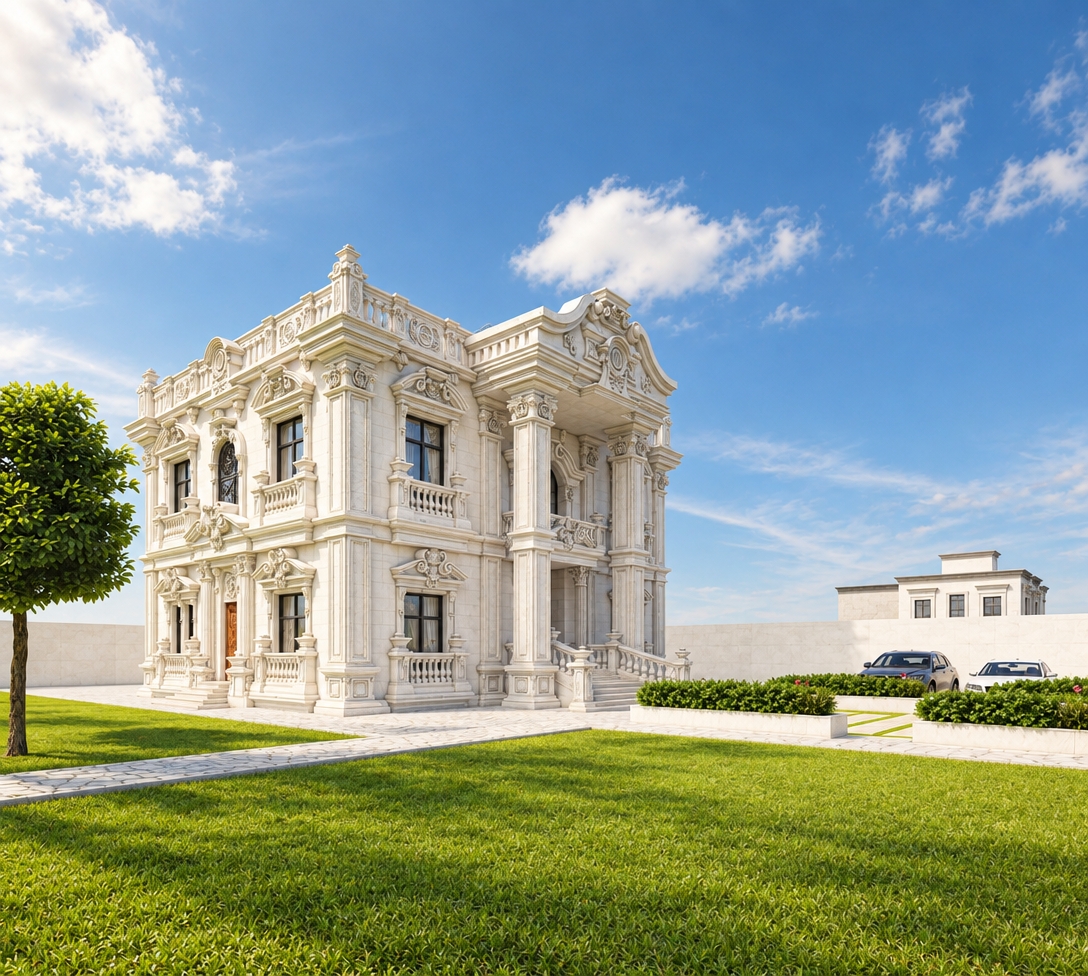 An incredibly lifelike, richly detailed, photorealistic wide-angle shot of a palatial Neoclassical villa set in an expansive, sun-drenched estate. The scene is illuminated by the crisp, golden light of a late morning, creating an optimistic, serene atmosphere. Captured with a 24mm tilt-shift lens, the image emphasizes the pristine, matte-white limestone textures and the intricate, hand-carved relief work crowning the dual-story facade. The building stands as a minimalist haven of classical proportions, featuring symmetrical Corinthian columns and ornate balustrades that cast soft, precise shadows across the recessed entryways. In the foreground, a vibrant, manicured lawn leads to a clean stone pathway, while the background reveals a subtle, modern parking area defined by lush, emerald-green boxwood hedges. The composition highlights the sharp contrast between the villa’s regal, historicist ornamentation and the vast, clear blue sky, creating a refined sense of spatial depth and architectural prestige.