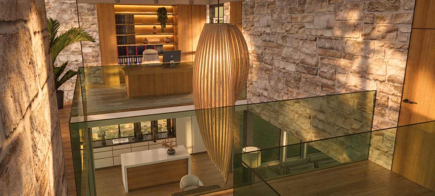 A photorealistic architectural photograph of the exact multi-level interior during sunrise, preserving the identical layout, geometry, and perspective. Warm, low-angled golden sunlight cuts across the space, highlighting the tactile texture of the rough stone walls and casting long, soft morning shadows. The central wooden slatted pendant light, oak desks, and shelving exhibit rich, natural timber grain bathed in early light, while the green-tinted glass balustrades display physically accurate refraction, reflections, and faint surface dust. The lower kitchen level receives soft ambient dawn glow, captured with a sharp wide architectural lens, natural dynamic range, and subtle photographic grain.