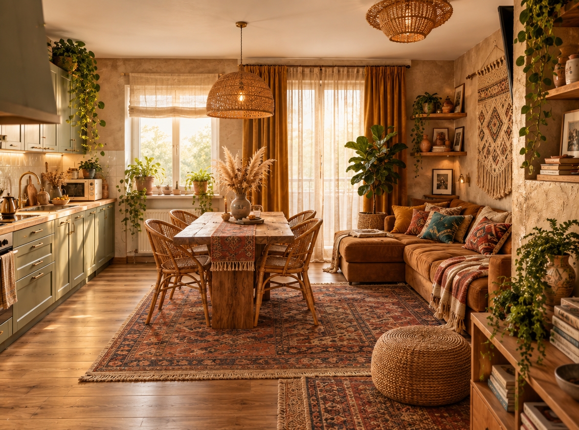 An incredibly lifelike, richly detailed, photorealistic wide-angle interior photograph of a reimagined open-concept bohemian living and dining sanctuary set in a bright, character-filled apartment. The scene is illuminated by soft, golden-hour sunlight filtering through sheer linen curtains alongside the warm ambient glow of hand-woven rattan pendant lights, creating an inviting, tranquil, and free-spirited atmosphere. Captured with a 24mm wide-angle lens at f/4, emphasizing the tactile interplay of raw wood grain, chunky macramé knots, and lush botanical textures. 

The once-cluttered multi-functional space is transformed into an eclectic, harmonious retreat layered in a palette of warm rust, saffron mustard, deep teal, and grounding terracotta neutrals. In place of the haphazard layout, a low-profile caramel velvet sectional sits piled with fringed kilim cushions, framed against a warm, lime-washed plaster accent wall showcasing a large, handcrafted woven fiber tapestry and floating raw-edge shelves styled with vintage pottery and curated photography books. At the center, an organic reclaimed-wood dining table is surrounded by artisanal rattan chairs and grounded atop layered vintage Persian and braided jute rugs. Abundant greenery—including a towering potted fiddle-leaf fig, cascading hanging pothos, and sculptural vases of feathery pampas grass—infuses vitality throughout, perfectly balancing global vintage treasures with effortless, relaxed everyday living.