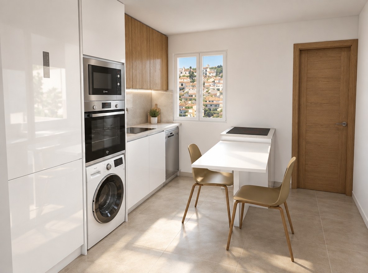 An incredibly lifelike, richly detailed, photorealistic interior perspective of a compact, minimalist kitchen set in a bright, modern apartment. The scene is illuminated by soft, natural morning light filtering through the window, creating a serene and airy atmosphere. Captured with a 24mm wide-angle lens, emphasizing the clean, linear harmony of the cabinetry and the warm, organic textures of the wood-grain finishes.

The kitchen showcases a pristine, high-gloss white finish on the lower cabinetry and the tall storage column, which cleverly integrates a sleek, built-in washing machine beneath the stainless-steel oven and microwave stack. Contrasting this, the upper cabinets feature the rich, tactile warmth of "Roble Etxarry" oak, adding a sophisticated, natural depth to the composition. A minimalist dining table extends from the counter, paired with two elegant, mid-century inspired chairs that sit atop neutral-toned matte floor tiles. To the right, a solid oak door with a fine grain finish anchors the space, while the dual windows offer a picturesque, sun-drenched view of a hillside Mediterranean village, grounding the kitchen in an idyllic, vibrant context.