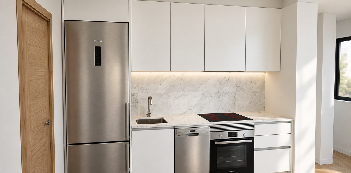 A crisp architectural photograph capturing the exact kitchen composition with realistic materials and balanced daylight. The stainless steel refrigerator and dishwasher display authentic brushed-metal micro-textures and soft anisotropic reflections. The upper and lower cabinetry feature a smooth satin-matte white finish, complemented by polished white marble with subtle grey veining along the countertop and backsplash. The light wood door reveals tactile grain, while the dark glass cooktop and oven door catch gentle specular highlights. Soft, natural light fills the space from the right, creating subtle ambient shadows beneath the upper cabinets, shot with a sharp 35mm lens and neutral color temperature.