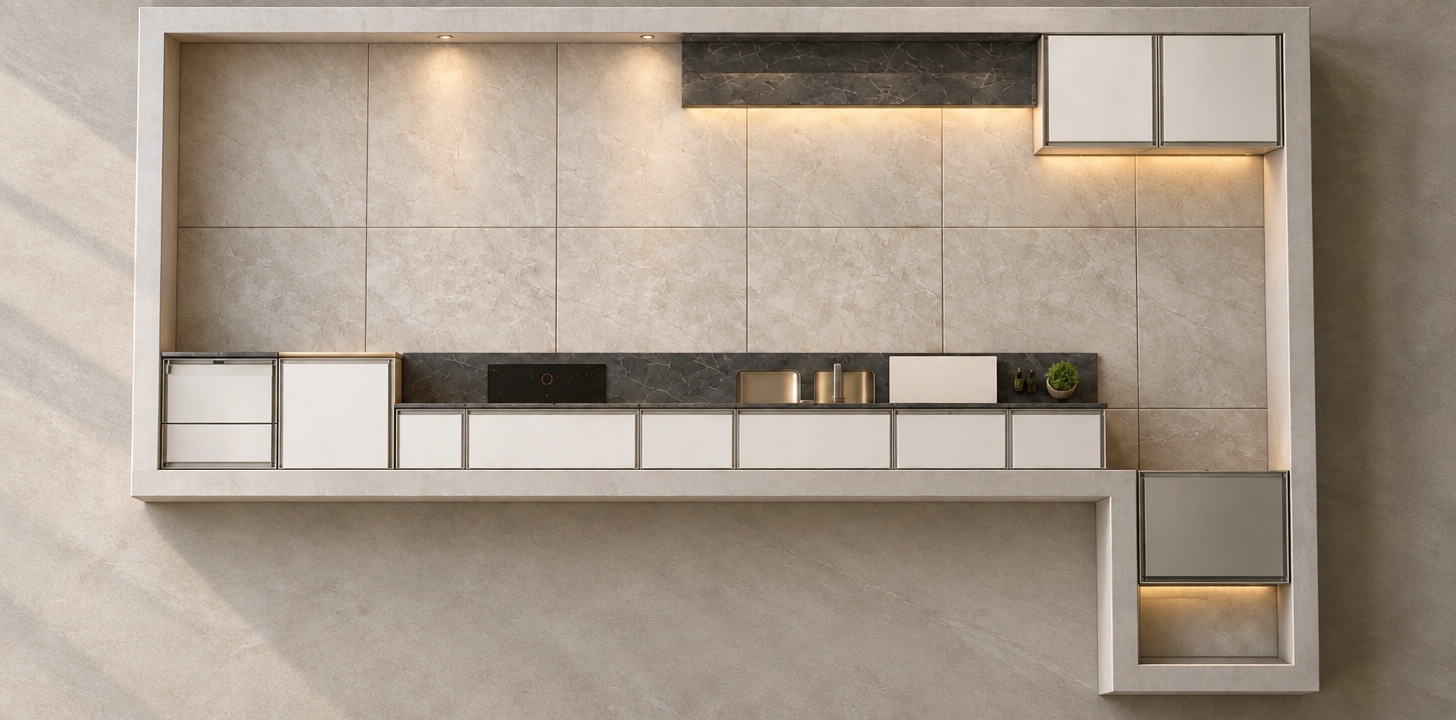 A crisp, straight-on architectural photograph precisely preserving the geometric elevation and materials of the modern kitchen. The scene is illuminated by balanced general daylight seamlessly combined with warm 2700K ambient LED strip lighting glowing from under the cabinets and upper recesses, casting natural, diffused shadows. Surfaces exhibit realistic micro-textures: authentic veining in the wall tiles, gentle satin sheen on the white cabinetry, soft specular reflections on the dark marble and brass sink, and crisp reflections on the induction cooktop. Captured with a neutral architectural lens, the final image features true-to-life surface depth, delicate light falloff, and fine photographic sensor grain.