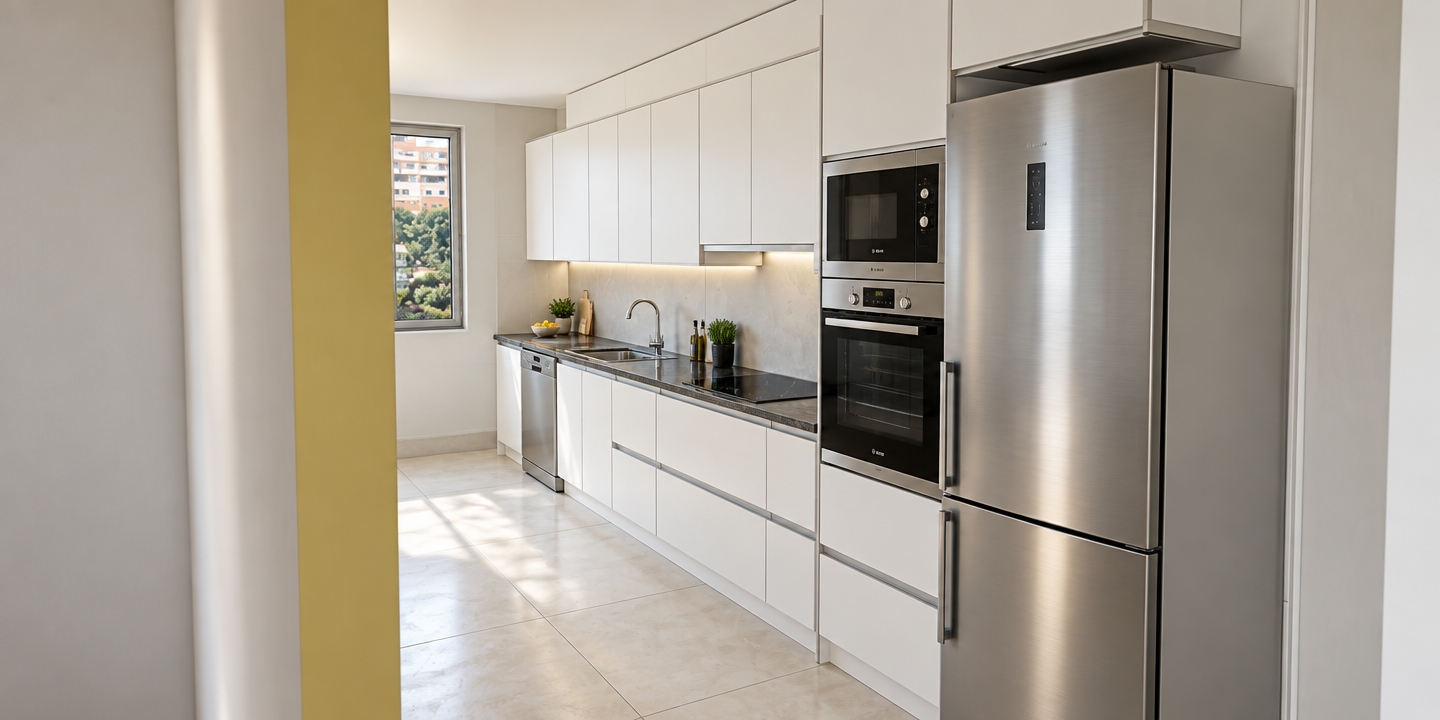A sharp architectural interior photograph capturing the exact kitchen layout under bright natural daylight streaming from the far window, balanced by soft ambient fill. The scene faithfully renders the smooth matte finish of the white cabinetry, brushed stainless steel on the refrigerator and built-in wall ovens, a finely textured dark stone countertop with a glossy black cooktop, and large pale ceramic floor tiles with subtle grout lines and realistic sheen. Authentic micro-textures, crisp geometric edges, and natural light falloff ground the exact composition in authentic photographic realism.