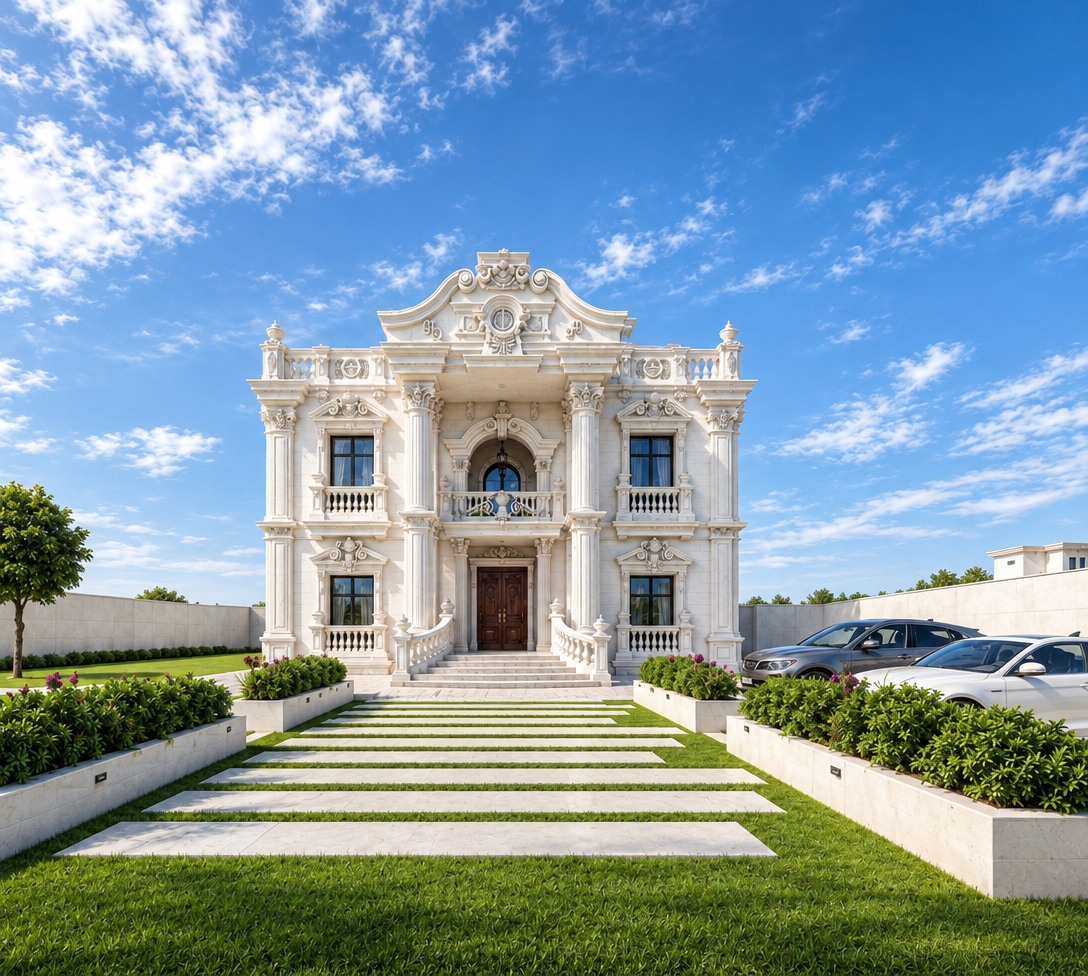 An incredibly lifelike, richly detailed, photorealistic wide-angle shot of a palatial luxury villa set in a pristine, manicured estate. The scene is illuminated by crisp, bright mid-morning sunlight, creating an aspirational and serene atmosphere. Captured with a Phase One XF IQ4 medium format camera and a 35mm wide lens, emphasizing the intricate limestone textures, the sharp geometric lines of the path, and the lush, vibrant green of the lawn. 

The architecture is a masterclass in Beaux-Arts classicism fused with modern sensibility; the structure remains perfectly symmetrical, featuring dramatic Corinthian columns, ornate carved pediments, and sweeping stone balustrades that anchor the facade. Despite the historical complexity of its moldings and arches, the entire exterior is rendered in a clean, contemporary monochromatic white, which lends the building a fresh, avant-garde aesthetic. The composition draws the eye inward along a rhythmic sequence of floating stone pavers set into deep green grass, flanked by structured, low-profile limestone planters filled with manicured greenery. In the foreground, the inclusion of a modern sedan adds a touch of high-end reality, grounding the monumental building in a lived-in, contemporary context. The sky above is a vibrant, cloud-streaked blue, providing a stark, high-contrast backdrop that makes the stark white of the villa pop with architectural brilliance.