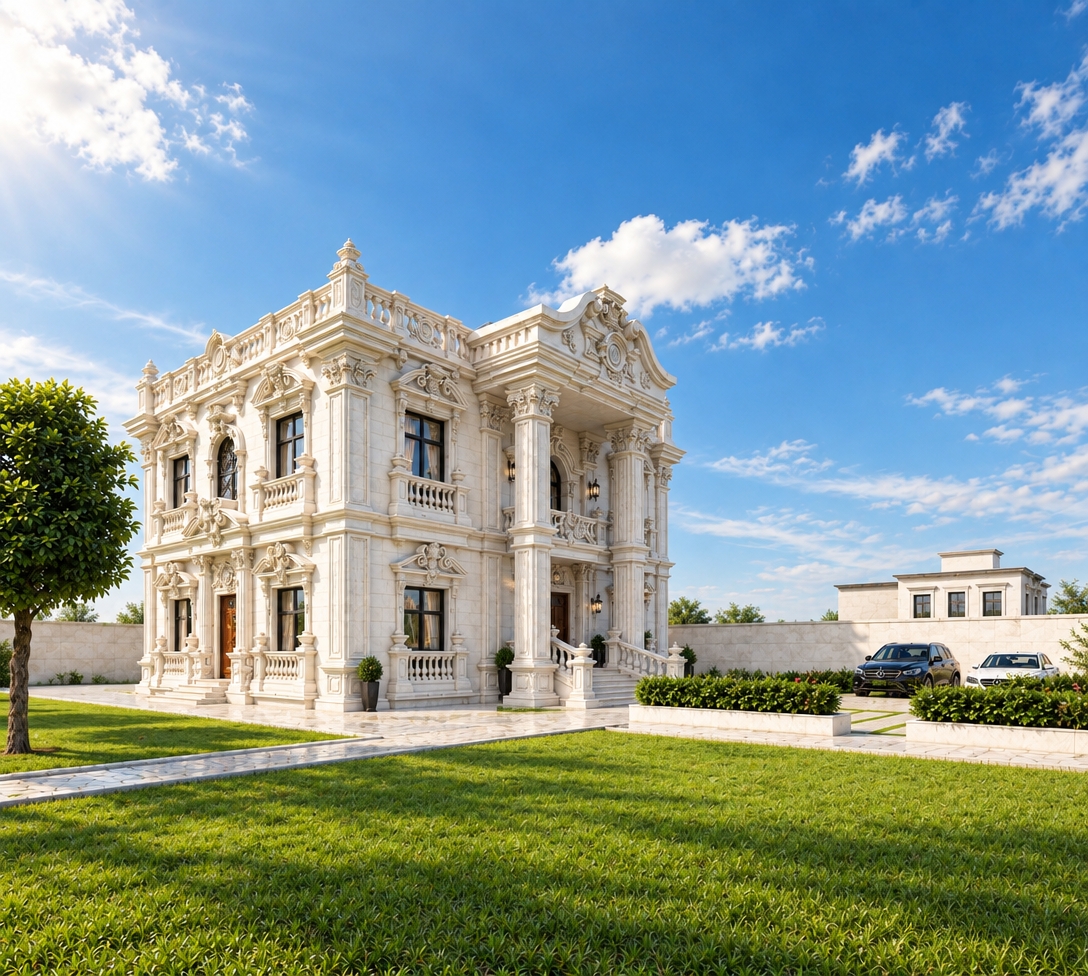 An incredibly lifelike, richly detailed, photorealistic wide-angle architectural exterior shot of a luxury neoclassical villa set in a pristine, sun-drenched private estate. The scene is illuminated by the crisp, golden-hued light of a mid-morning sun under a vibrant azure sky, creating an aspirational and serene atmosphere. Captured with a 24mm tilt-shift lens, the image emphasizes the intricate textures of the white honed-stone facade, showcasing ornate carvings, stately Corinthian columns, and deep-set window frames that cast sharp, dramatic shadows against the building’s clean, monolithic volume. The architectural composition highlights a modern fusion of historical grandeur and refined elegance, with balanced geometric symmetry. In the foreground, a manicured lawn of lush, deep-green grass stretches toward a perfectly laid stone pathway, while manicured hedging and a polished driveway featuring luxury vehicles complete the sense of an exclusive residential retreat. The perspective draws the eye toward the grand entrance, where the play of light across the tiered balustrades and classical cornices creates a sophisticated sense of depth and architectural prestige.