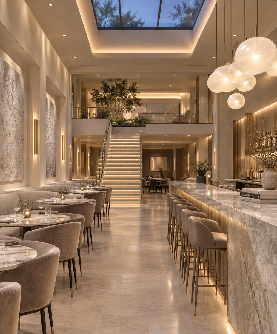 An incredibly lifelike, richly detailed, photorealistic wide-angle interior photograph of an upscale fine-dining restaurant set in an elite metropolitan enclave. The scene is illuminated by a harmonious blend of recessed architectural cove lighting, warm concealed LED ribbons beneath stone edges, and the soft diffused glow of twilight filtering through a high atrium glass ceiling, creating a serene, sophisticated, and intimately welcoming atmosphere. Captured with a full-frame architectural camera mounted with a 24mm tilt-shift lens, emphasizing the ultra-fine tactile grain of polished stone surfaces, brushed champagne metals, and plush woven textiles.

Reimagining the rustic, earth-toned Mediterranean ambiance of the original space, this design embraces an aesthetic of refined contemporary elegance. The overarching palette transitions into soft, layered tones of warm white, luminous pearl, pale champagne, and delicate soft gray, immediately rendering the expansive double-height layout airy and pristine while retaining its inherent warmth. 

The original rough plaster arches along the left dining wall are transformed into sleek, recessed gallery niches with razor-sharp reveals. Suspended within them are oversized, textured abstract artworks executed in monochromatic whites, subtle silver leaf, and dove gray impasto. Slender, minimalist vertical sconces in satin-brushed champagne brass flank each piece, casting gentle gradients of light upward and downward.

Running down the left perimeter, custom continuous banquettes upholstered in tailored pearl-colored bouclé with pale gray leather piping line the room. They are paired with circular dining tables crafted from polished Fior di Bosco marble, whose faint silver and beige veining glistens softly under pinpoint ceiling spots. Surrounding the tables are bespoke dining chairs with low-slung, curved barrel backs clad in champagne velvet and supported by slim, tapered blackened-steel and brass legs, offering an understated balance of comfort and clean-lined geometry.

To the right, the bar commandingly anchors the room. The rustic wood fluting is elevated to precise, ultra-fine fluted panels finished in a soft metallic champagne lacquer, topped with a dramatic, polished quartzite bar counter that cascades into a seamless waterfall edge. Slender, minimalist counter stools with tailored warm-gray leather seats and slim metal footrests align in perfect symmetry. At the far end of the counter, a curated stack of luxury art and photography books sits casually beside an organically shaped ceramic vessel holding minimal ikebana-style branches, providing a cultured, residential touch.

Above the bar, the heavy terracotta domes are replaced by an ethereal installation of sculptural lighting: asymmetrical clusters of hand-blown frosted glass orbs delicately suspended from ultra-thin brass stems, dispersing a flattering, diffused glow. 

At the center axis, the floating staircase features treads carved from polished cream terrazzo with seamlessly integrated step lighting that draws the eye upward to the mezzanine. Instead of wild cascading vines, the elevated loft planter showcases sculpted, architectural greenery—such as sculptural Japanese maple or delicate Ficus microcarpa—framed by clean architectural glass balustrades. 

The polished concrete floor is replaced by expansive, seamless slabs of honed limestone with a delicate satin finish, naturally catching the glow from the cove ceilings and reflecting light through the entire depth of the restaurant. Every detail—from the refined scale of the furniture to the restrained textural interplay—speaks to a polished, contemporary luxury that feels effortless, modern, and impeccably balanced.