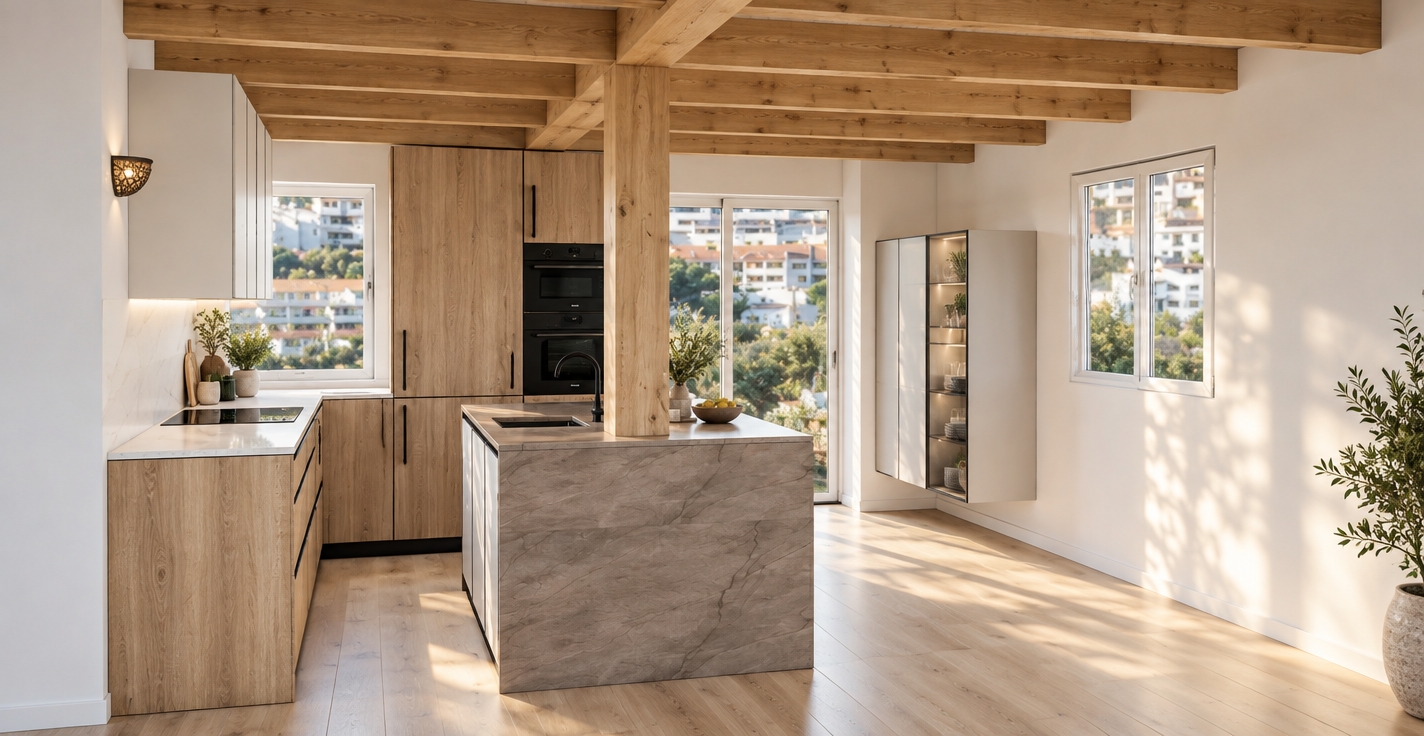 A bright interior architectural photograph capturing the exact scene with natural daylight streaming through the windows and sliding glass door. The wooden ceiling beams and central pillar display authentic wood grain, knots, and tactile warmth. Preserve all original elements with precise detail: the light oak textured lower cabinets, the tall column cabinets with their specific slim black vertical handles for the integrated oven and refrigerator units, and the floating glass-front vitrine display cabinet mounted on the right wall. The waterfall island exhibits genuine honed stone veining, complemented by a matte black faucet, smooth white countertops, and pale parquet flooring with subtle reflections. Diffused daylight creates soft ambient shadows, bringing out realistic material micro-textures, clean edges, and natural environmental clarity without altering any composition or structure.
