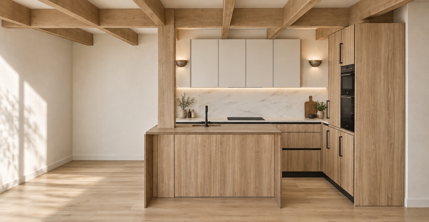 Photorealistic architectural photograph of the modern kitchen, preserving the exact layout, structure, and perspective. Render the light oak cabinetry, exposed ceiling beams, and support pillar with rich, realistic wood grain and tactile matte finishes. Ensure the black handles on the oven, microwave, and refrigerator columns, along with the black kitchen faucet, are sharp and finished in soft matte metal. The white marble backsplash shows subtle veining and faint gloss under soft, natural daylight entering from the left. Warm ambient light gently diffuses from the small wall sconces, creating natural contact shadows and nuanced depth across the light wood flooring and under the wooden ceiling beams.