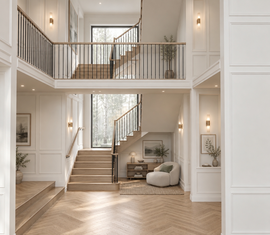An incredibly lifelike, richly detailed, photorealistic wide-angle interior shot of a double-height living foyer reimagined as a Scandinavian sanctuary set in a serene Nordic woodland residence. The scene is illuminated by gentle, diffuse morning sunlight streaming through the expansive floor-to-ceiling framed windows, paired with warm, discreet cove lighting that creates an airy, deeply tranquil, and hygge-inspired atmosphere. Captured with a professional full-frame camera and a 24mm tilt-shift architectural lens, emphasizing the fine grain of bleached white-oak herringbone flooring, matte chalk-white paneled walls, and plush woven textiles. 

In this reimagined space, the traditional heavy detailing gives way to clean, organic minimalism dominated by a soothing palette of warm whites, soft dove grays, and muted sage greens. The grand staircase is re-envisioned with sleek, pale timber treads and slender matte-black steel balusters, offering a striking yet weightless silhouette. Beneath the mezzanine, a minimalist vignette features a low-profile curved bouclé lounge chair, a tactile wool-and-jute area rug, and an open-shelf light wood console dressed with a curated photography book, smooth ceramic vessels, and a delicate potted olive branch. Subtle botanical art in slender ash frames adorns the wall niche, while the expansive double-story window frames a peaceful vista of mist-laden birch trees, seamlessly dissolving the boundary between nature and refined modern living.