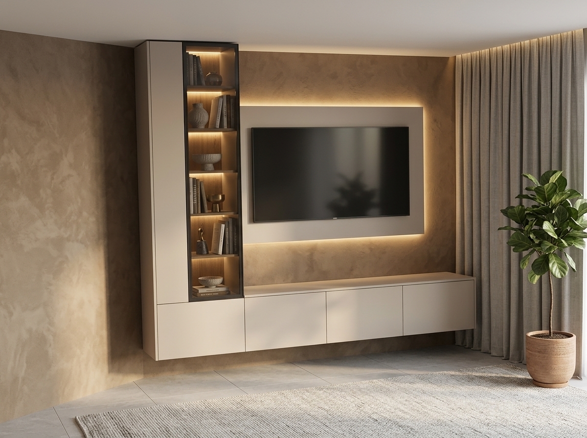 Convert this 3D model into a photorealistic interior visualization set in soft afternoon light.
Render the cabinetry in matte Egger Cashmere U702 finish. Replace the green panel behind the TV with Egger Angora Grey U705, adding hidden LED backlighting that casts a warm glow onto the wall behind it. Finish the main wall with a textured brown-beige limewash plaster.
The tall vertical cabinet must feature a smoked glass front with integrated warm LED strip lights beneath every shelf. Style each shelf with tasteful decor such as books, ceramics, and small sculptures.
Set the floor with large-format light grey tiles, partially covered by a textured light rug. To the right, hang elegant grey-beige curtains along the wall. Add a potted houseplant nearby to complete the cozy, high-end living room atmosphere.