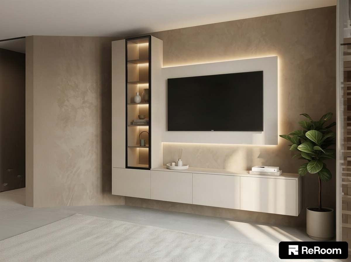 Create a realistic, photorealistic 3D interior visualization of the living room TV wall shown in the layout, captured during the afternoon with soft, warm natural light.
Render the modern floating media unit and tall cabinetry with realistic materials:
- All cabinet bodies, doors, drawer fronts, and the interior of the tall vertical cabinet should be finished in Egger Cashmere U702 (a smooth, matte warm cashmere/greige laminate).
- The tall display cabinet features a sleek, thin black aluminum frame with smoked glass door, with warm, subtle LED strip lighting glowing beneath every single shelf from top to bottom.
- The accent panel behind the TV (shown in green) is changed to Egger Angora Grey U705 (a soft, light warm grey matte board) with hidden ambient warm LED backlighting glowing softly outwards against the wall behind it. The flat-screen TV is neatly mounted in the center of this panel.
- The entire main wall behind the media unit should have a refined, textured limewash plaster finish in a warm brownish-beige / taupe tone.
- The floor is covered in large-format light grey matte porcelain tiles.
- On the right wall, hang an elegant floor-to-ceiling linen curtain in a matching grey-beige tone.
- Decorate the shelves inside the smoked glass display cabinet with tasteful minimalist decor pieces, such as ceramic vases, small art objects, and decorative books.
- Add cozy room styling: a soft light-colored textured area rug on the tiled floor in the foreground, a potted indoor green plant beside the console, and a couple of minimal decorative accents on the long lowboard surface. The overall atmosphere should be elegant, warm, serene, and modern.