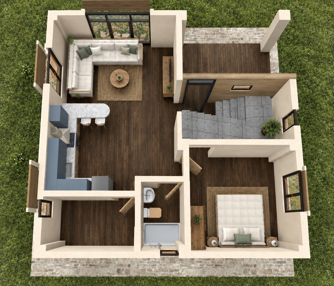 The photo presents an architectural rendering of a contemporary single-story residential floor plan, viewed from a high aerial perspective, showcasing its internal layout and exterior context. The building is situated on a lush green lawn, suggesting a tranquil suburban or rural setting, with a sturdy light-colored stone or brick foundation visible around its perimeter. The interior features an open-concept living area dominated by rich, dark hardwood flooring that extends through most of the main spaces. A spacious living room is furnished with a light grey L-shaped sectional sofa and a circular wooden coffee table, illuminated by a large, multi-paned panoramic window with dark frames that offers views of what appears to be dense foliage or trees outside, implying abundant natural light. Adjacent to the living space is an L-shaped kitchen featuring sleek light blue cabinetry, a grey countertop, and a peninsula-style island with two modern white bar stools. A central hallway, also with dark wood flooring, leads to a private bedroom and a bathroom. The bedroom houses a large, plush king-sized bed flanked by small bedside tables and lamps, and is brightened by a sizable window. The bathroom, finished with lighter flooring, contains a toilet, a sink, and a bathtub. A distinctive architectural feature is a grey, possibly concrete, staircase leading downwards from the main floor, where a small figure adds a sense of human scale to the composition. The walls throughout the interior are painted in a consistent light beige or tan hue, complemented by framed artwork strategically placed in various rooms, including the living area and bedroom, adding a touch of personal flair to the otherwise clean and functional design. The overall impression is one of modern simplicity, efficiency, and a harmonious connection to the surrounding natural environment, all captured with crisp, realistic detail as if from a high-quality architectural photograph.