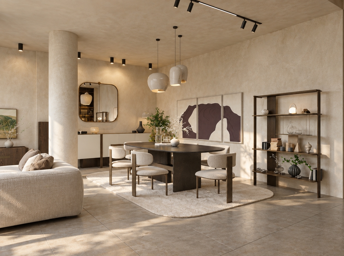 A realistic, high-end interior architectural photograph preserving the exact room layout, modern furniture, and composition. The scene is illuminated by soft, warm ambient daylight balanced with gentle glow from the ceiling spotlights and pendant fixtures, creating authentic soft shadows and subtle falloff across the lime-washed beige walls and large matte floor tiles. Natural surface micro-textures are accentuated, including the realistic weave on the dining chair upholstery and sofa, tangible wood grain and stone textures on the tables and shelves, and delicate reflections in the mirrors and glassware. Captured with a professional 35mm tilt-shift lens at f/8, the image features balanced contrast, realistic depth of field, gentle lens vignetting, and fine natural film grain for absolute photographic realism.