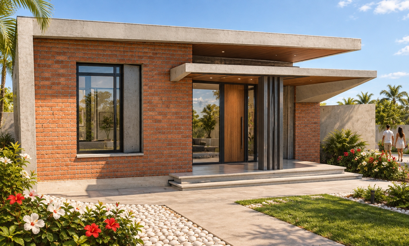 An incredibly lifelike, richly detailed, photorealistic eye-level shot of a modern fusion residence set in a sun-drenched suburban landscape. The scene is illuminated by the crisp, golden light of a summer midday, creating a bright and inviting atmosphere. Captured with a 35mm lens, the image emphasizes the rich, tactile contrast between textured, weathered red brick masonry and smooth, polished white architectural concrete. The home features sleek, dark-framed floor-to-ceiling glass doors and windows that reflect the clear blue sky. A clean, minimalist concrete porch extends beneath a sharp, cantilevered roofline, while the surrounding landscaping is meticulously curated with beds of smooth white river stones, vibrant patches of white and red hibiscus, and a lush patch of manicured lawn. In the soft-focus distance, a couple casually walks along a paved pathway, adding a sense of scale and human vitality to the serene environment. The composition highlights the geometric purity of the structure, with deep, soft shadows grounding the building against the crisp, summer air.