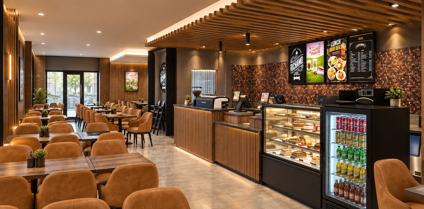 An eye-level wide-angle architectural photograph capturing the exact cafe layout with warm, balanced ambient illumination and soft daylight filtering in from the front windows. Realistic timber textures with subtle grain define the overhead wooden slats and fluted service counter, while the mosaic feature wall behind the illuminated digital menu boards exhibits fine tactile depth and subtle specular glints. The display cases feature realistic glass reflections and bright interior lighting showcasing chilled beverages and pastries. Seating is rendered with supple, matte upholstery showing micro-creases, while polished flooring reflects soft overhead highlights, creating a cozy and inviting photorealistic cafe interior.