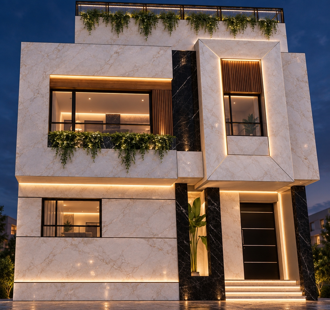 An incredibly lifelike, richly detailed, photorealistic low-angle architectural shot of a contemporary villa set in a serene, twilight urban environment. The scene is illuminated by warm, concealed LED strip lighting that accentuates the horizontal lines and highlights the architectural volumes, creating a sophisticated and luxurious atmosphere. Captured with a 35mm tilt-shift lens, emphasizing the high-contrast textures of polished white marble cladding juxtaposed against dramatic black marble accents and rich mahogany wood slats.
The facade exudes elegance, with the pristine white marble surfaces reflecting the soft glow of the evening sky. A lush green plant cascades over the edge of the upper-level balcony, adding a vibrant touch of life to the minimalist structure. The floor-to-ceiling glass windows reveal a glimpse into a refined, minimalist living room, where warm interior lighting casts a welcoming amber hue through the glazing. The entrance, framed by deep black marble, features clean, illuminated steps, while the overall composition balances geometric precision with soft, atmospheric lighting, resulting in a high-end, gallery-quality visualization of a modern architectural masterpiece.