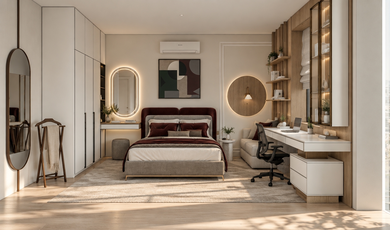 Professional architectural interior photograph of the bedroom maintaining the exact composition, geometry, and placement, shot with a sharp wide-angle lens. Natural daylight fills the space with soft illumination and authentic contact shadows across the light parquet flooring and matte white cabinetry. The bed is upholstered in rich burgundy velvet and textured gray fabric, set against smooth neutral walls, warm oak paneling, and clean glass shelving. The oval vanity mirror beside the bed features a distinct outward-glowing perimeter backlight and reflects a light door, while the tall floor mirror on the far left has no backlighting and reflects the opposite interior furniture. The circular wooden accent on the right wall casts a soft, warm indirect contour halo onto the wall behind it, producing a balanced, photorealistic finish.