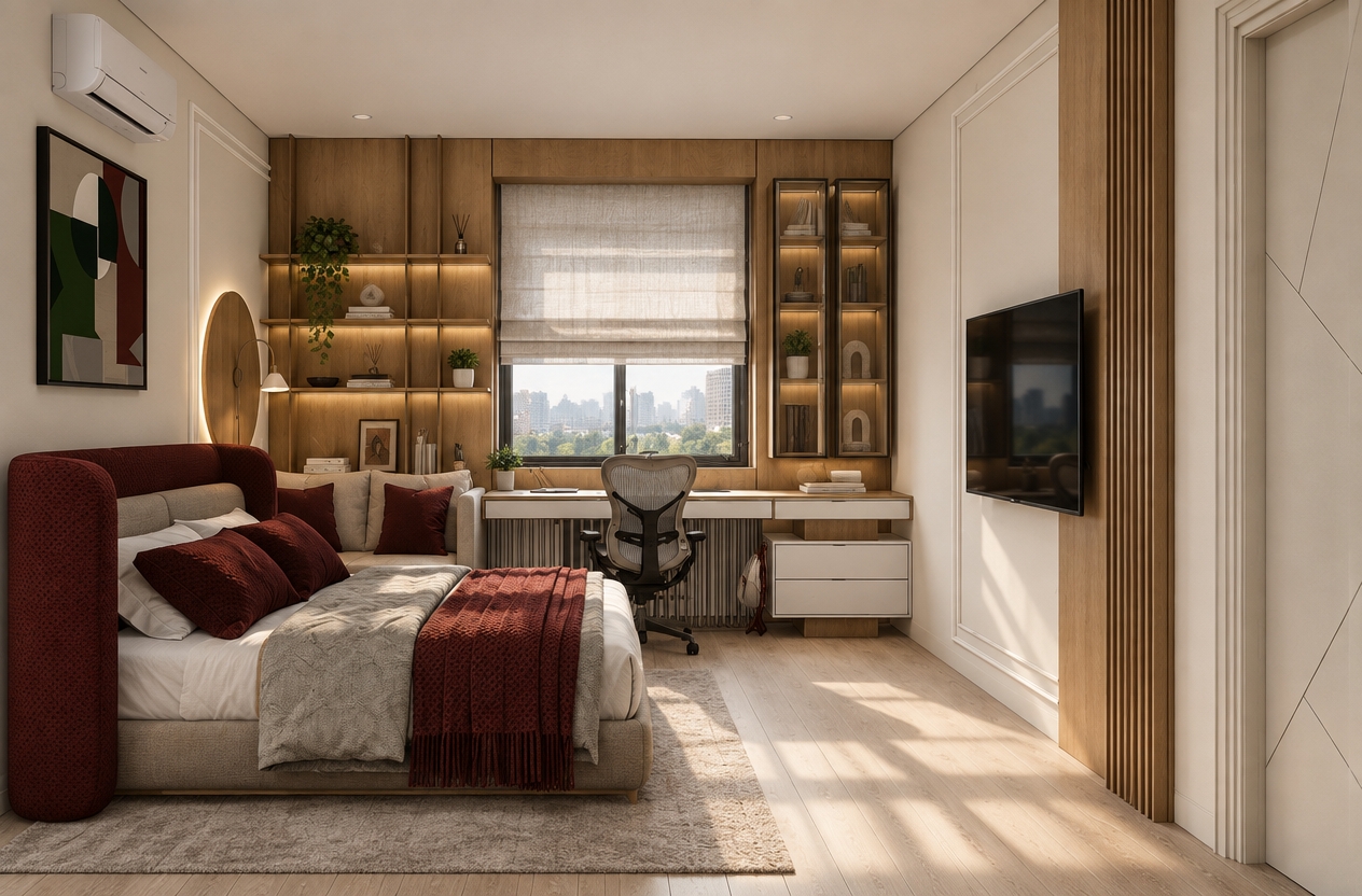A professional architectural photograph capturing the exact room layout and composition, shot with a wide-angle interior lens under soft, natural daylight filtered through the window blind. The scene features tactile, authentic materials including rich burgundy woven fabric on the upholstered bed, soft layered linens, warm matte oak wood grain on the built-in desk, shelving, and paneling, and delicate reflections on the television screen and glass cabinet doors. A hidden, warm LED perimeter strip creates soft contour backlighting behind the circular wall panel next to the bed, casting a gentle radial glow across the wall finish. Balanced cinematic exposure produces natural contact shadows, soft ambient fill, and realistic photographic depth while preserving every structural line and furniture placement precisely as shown.
