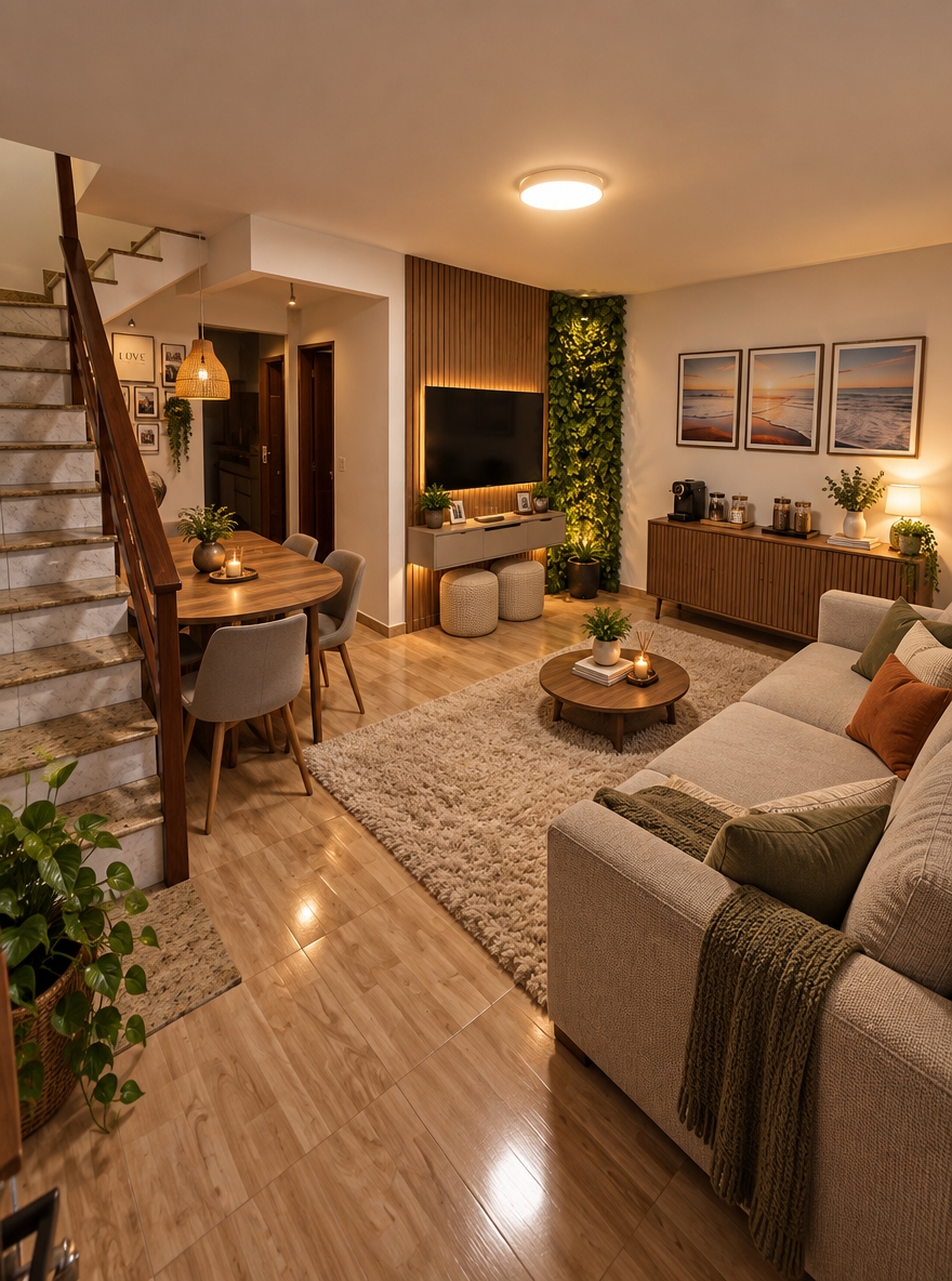 A wide-angle interior photograph of the redesigned living space captured from the original elevated perspective. The right wall showcases a warm vertical slatted wood panel supporting a wall-mounted TV over a minimalist floating console with tucked poufs, adjacent to a lush vertical plant accent wall in the far corner. Anchoring the lounge area, a textured neutral L-shaped sectional sofa frames a thick, high-pile shaggy rug atop the wood-patterned flooring. Along the back wall, a slim credenza functions as a cozy coffee station, while a smaller oval dining table sits neatly beneath the staircase. Diffused, warm indoor lighting produces soft shadows, bringing out natural fabric weaves, rich wood textures, subtle lens falloff, and photographic depth of field.