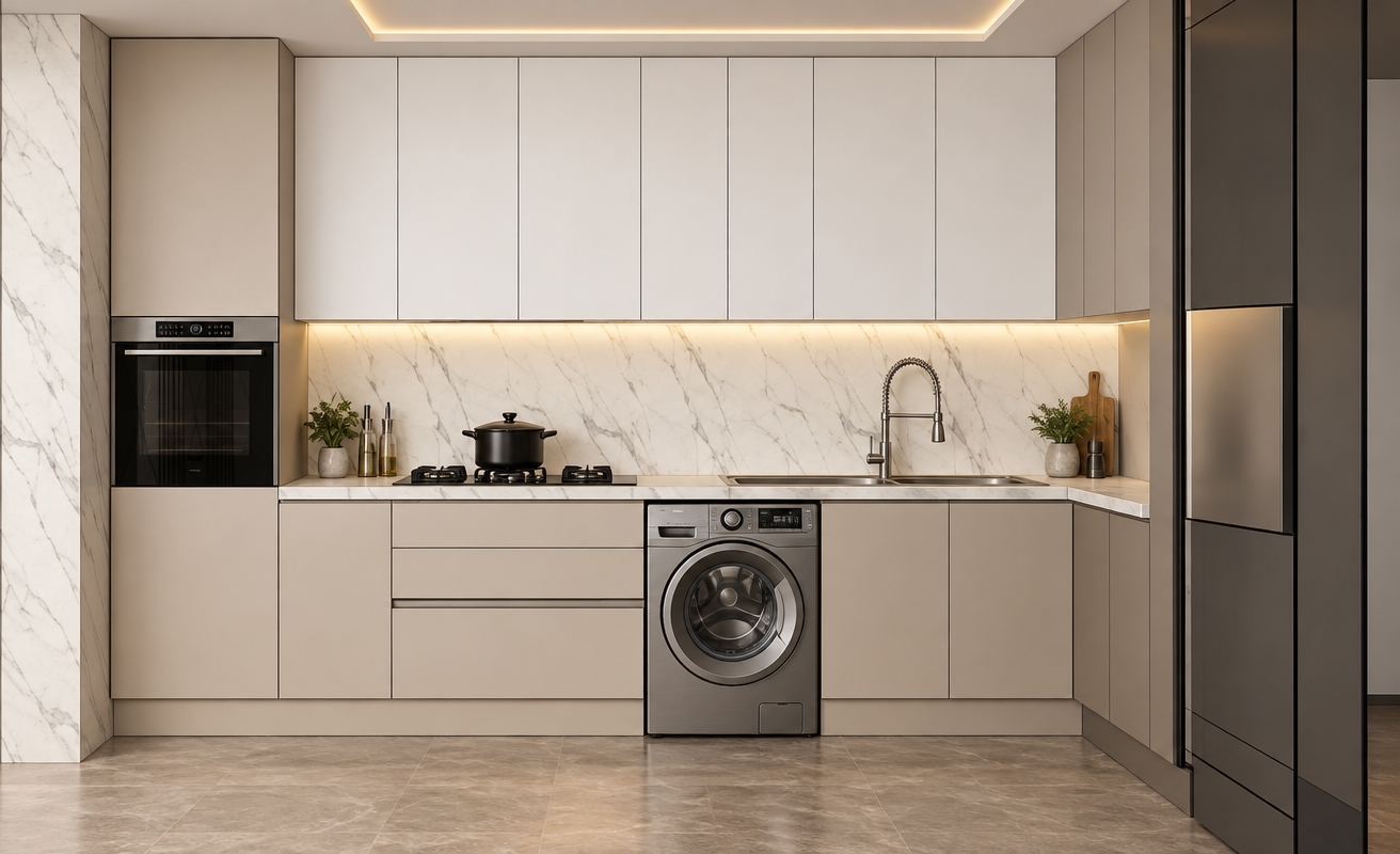 A clean architectural photograph capturing the exact kitchen composition with medium beige semi-matte lower cabinets and semi-matte white upper cabinets. The countertop and backsplash feature semi-gloss white stone with subtle grey veining, softly illuminated by warm, hidden under-cabinet LED strip lighting. The stainless steel sink, faucet, cooktop, built-in oven, and front-loading washing machine retain their exact placements and forms with realistic metallic reflections. Captured straight-on with balanced interior ambient lighting, soft diffuse shadows, crisp edge definition, and authentic material textures throughout.