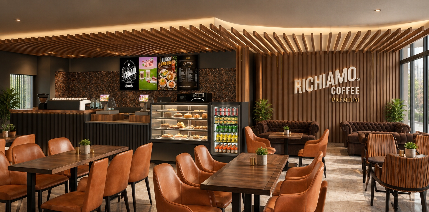 An incredibly lifelike, richly detailed, photorealistic interior shot of a contemporary Richiamo Coffee shop set in a bustling urban environment. The scene is illuminated by soft, diffused midday light streaming through floor-to-ceiling glass, creating an inviting, sophisticated atmosphere. Captured with a 35mm lens, emphasizing the rich, grain-heavy textures of walnut wood slats and the supple, warm orange leather of the mid-century modern armchairs.

The composition centers on a sleek, clutter-free service counter balanced by a striking feature wall showcasing the brand logo in elegant, raised lettering. Overhead, linear timber ceiling baffles draw the eye inward, adding architectural rhythm to the space. Deep, tufted chocolate-brown velvet sofas provide a cozy contrast to the structured, clean lines of the teak tabletops and refined seating. The interior is curated with minimalist aesthetic choices, featuring strategically placed indoor plants that bring a touch of organic life to the earth-toned palette. Every surface, from the matte finish of the pastry display to the polished stone flooring, reflects a timeless, functional elegance, capturing the essence of a premium coffee experience designed for quiet reflection or productive afternoons.