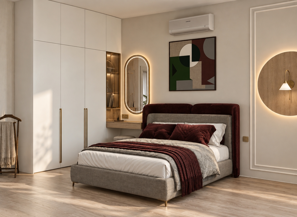 A professional interior architectural photograph captured with a 35mm tilt-shift lens, preserving the exact layout, geometry, and composition of the bedroom. The bed is upholstered in rich burgundy velvet and textured gray woven fabric, dressed in realistic layered linens with natural micro-creases. The matte white wardrobe features slender brass vertical handles on its three lower doors with handleless upper cabinets, joined to an oak-veneered unit with an open niche and an upper brass-framed tinted glass cabinet. An illuminated pill-shaped mirror casts a soft outward perimeter glow and reveals the reflection of an off-camera light doorway, positioned above the dressing ledge and combined switch-and-socket plate. Warm contour backlighting washes the wall behind the circular wood panel on the right, complementing a soft daytime ambient exposure that casts realistic, gentle contact shadows across the pale wood plank floor and matte walls.