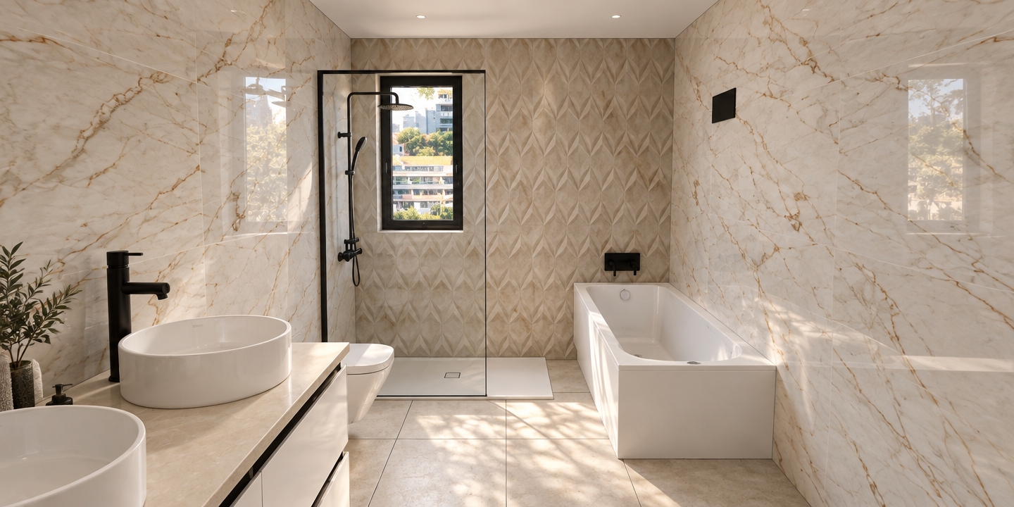 An architectural photograph preserving the exact bathroom layout and perspective, captured with natural daylight streaming through the central window. The side walls display polished marble with warm veining, complemented by the geometric accent wall and large neutral floor tiles. Crisp matte black fixtures contrast against smooth white ceramic basins, the bathtub, and transparent glass partitions, accented by realistic specular highlights, faint reflections, and soft, natural ambient shadows throughout.