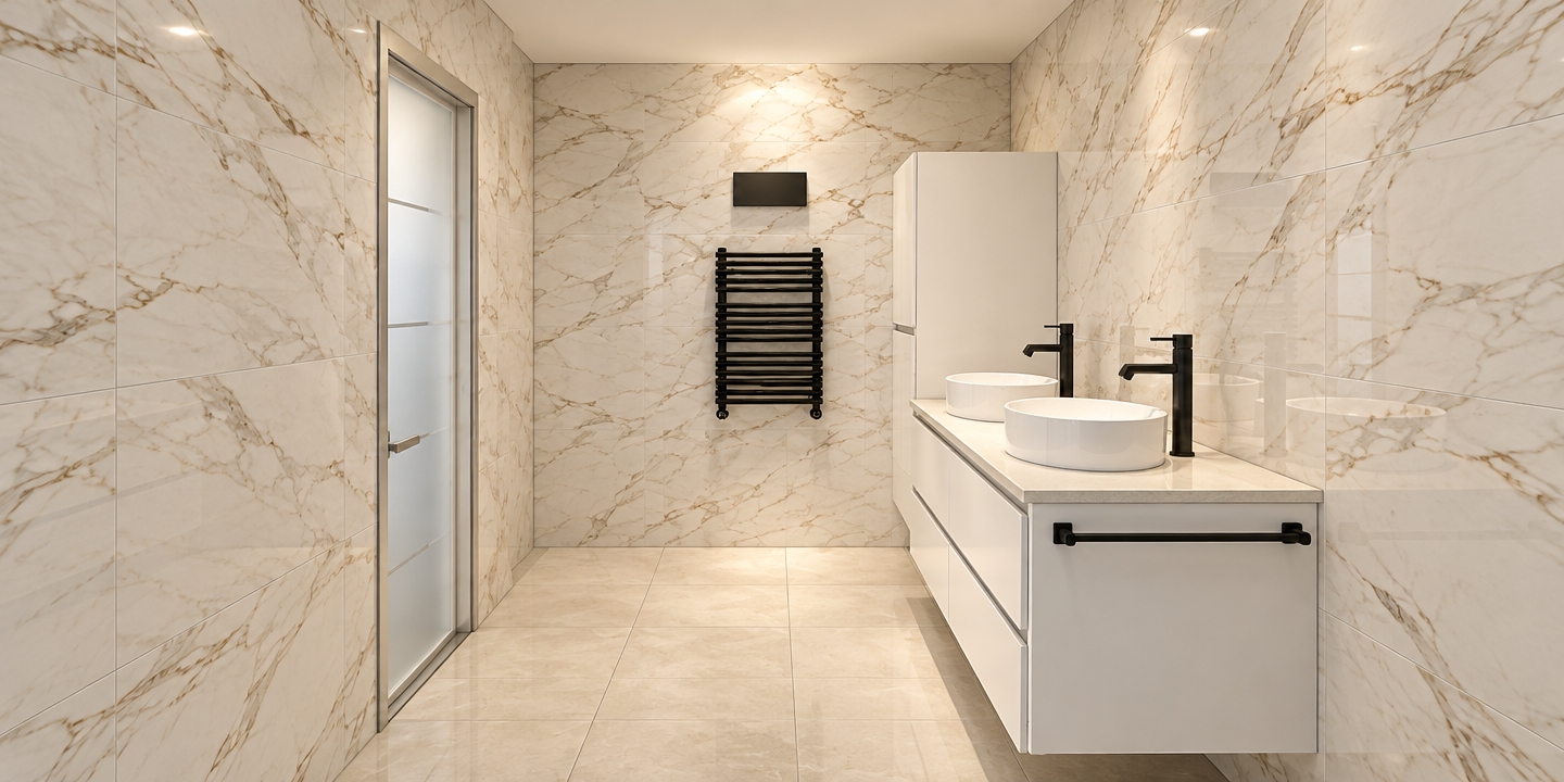 An architectural interior photograph of the exact scene captured with a wide-angle lens and deep depth of field, maintaining pristine structural fidelity. The walls are rendered in polished warm-veined Calacatta marble tiles with subtle gloss and realistic grout lines, paired with large-format satin floor tiles. The vanity unit features clean white cabinetry, topped with dual glossy white ceramic vessel sinks, sleek matte black faucets, and a matching black side rail. Soft, diffused 3500K ceiling illumination casts realistic ambient shadows beneath the matte black heated towel rail and cabinetry, while delicate reflections dance across the polished surfaces and the frosted glass door panels.