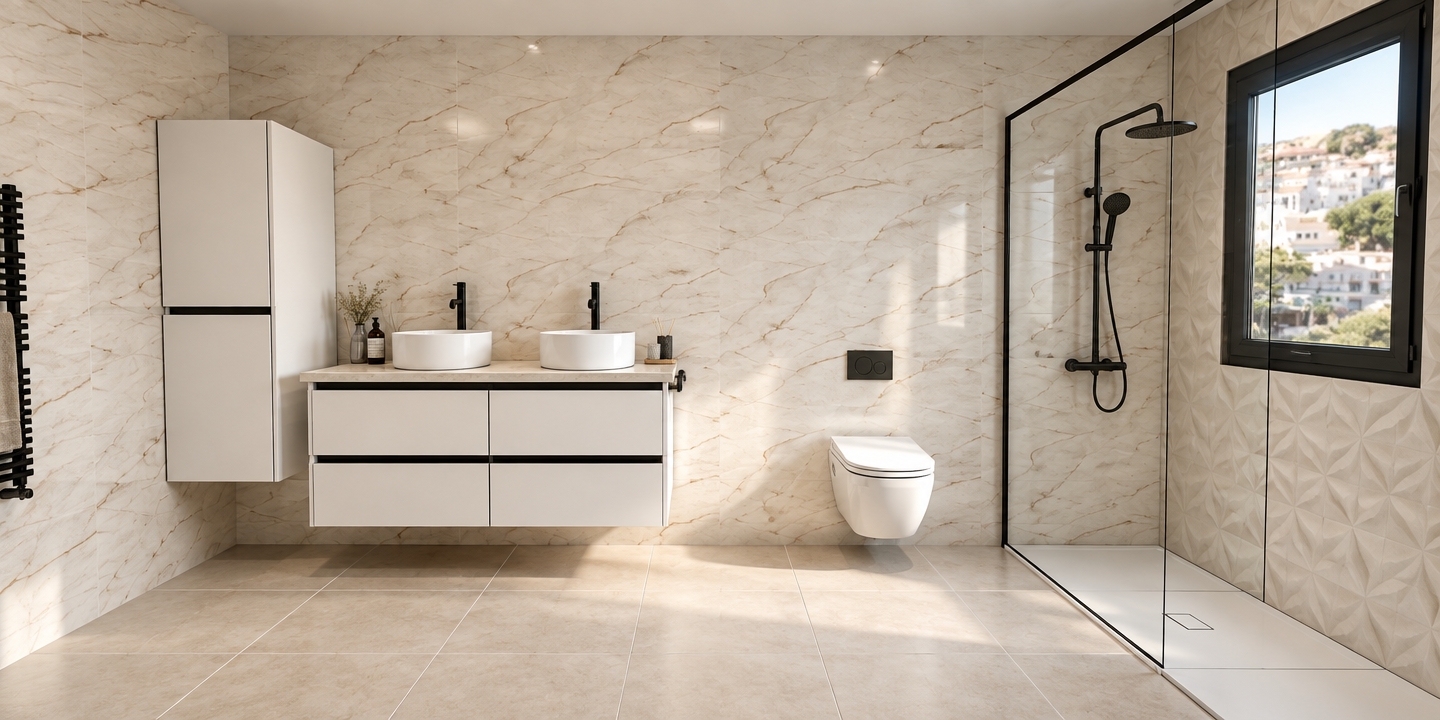 An architectural interior photograph of the modern bathroom, capturing the exact layout, perspective, and placement with authentic materials and balanced natural lighting. Soft daylight pours in through the black-framed window on the right, casting delicate highlights and faint reflections across the polished cream marble wall tiles and subtle ambient light over the large-format matte porcelain floor. The floating white vanity and tall cabinet display realistic panel seams and gentle contact shadows, topped with smooth white ceramic vessel sinks and sleek matte black faucets. Inside the glass-enclosed shower, a matte black rainfall fixture stands out against the dimensional geometric accent wall, enclosed by clear glass panels with accurate physical reflections, all rendered with clean architectural lens sharpness and rich surface micro-textures.