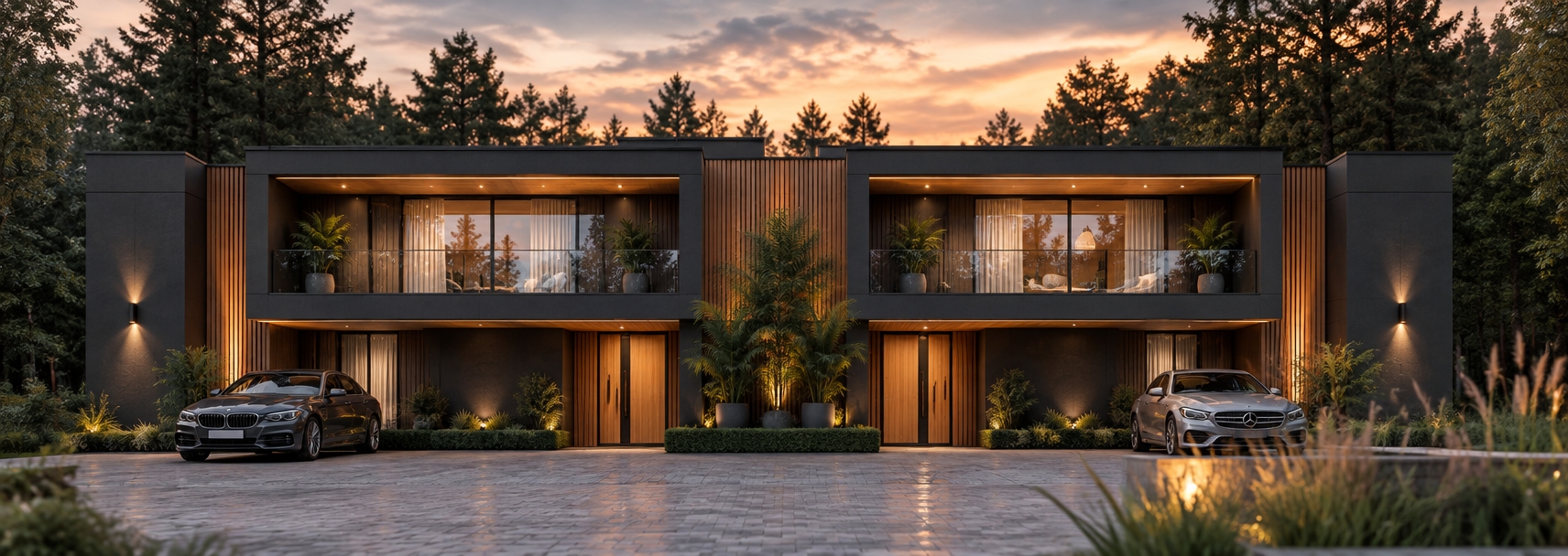 An incredibly lifelike, richly detailed, photorealistic wide-angle exterior shot of a sophisticated contemporary duplex set in a lush, tranquil forest clearing. The scene is illuminated by the soft, diffused glow of a fading twilight sky, creating a serene, balanced, and elegant atmosphere. Captured with a professional-grade 35mm lens, the image emphasizes the sharp interplay between the deep charcoal facade and the warm, vertical timber accents.
The architecture is a study in refined, clean-lined modernism. The primary structure is finished in a high-end matte charcoal stucco, providing a bold, sophisticated contrast to the warm, honey-toned cedar slats that frame the recessed entries and balcony sections. The symmetry of the design is immaculate, with each unit reflecting the other, anchored by a central shared garden divider featuring lush, sculptural potted palms.
The foreground is paved with premium, light-gray interlocking stone that catches the subtle reflections of the house’s exterior lighting. The driveways are occupied by sleek, high-end sedans, their metallic paintwork shimmering under the ambient light, adding a touch of urban luxury to the natural surroundings. On the second levels, glass-railed balconies offer a glimpse into the interiors, where sheer white curtains catch the light, suggesting an airy, refined atmosphere within.
The composition is perfectly balanced, with the verticality of the surrounding dense forest wall acting as a natural frame for the horizontal strength of the building. Slim, minimalist wall-mounted lights cast narrow beams of warm, amber light against the dark panels, highlighting the texture of the masonry. The depth of field is handled expertly, with soft-focus ornamental grasses in the immediate foreground drawing the eye toward the crisp, architectural focus of the main facade. The transition from the warm, pearl-toned sky to the grounded, grounded charcoal tones of the building creates a harmonious and polished visual experience, characteristic of the finest luxury architecture portfolios.