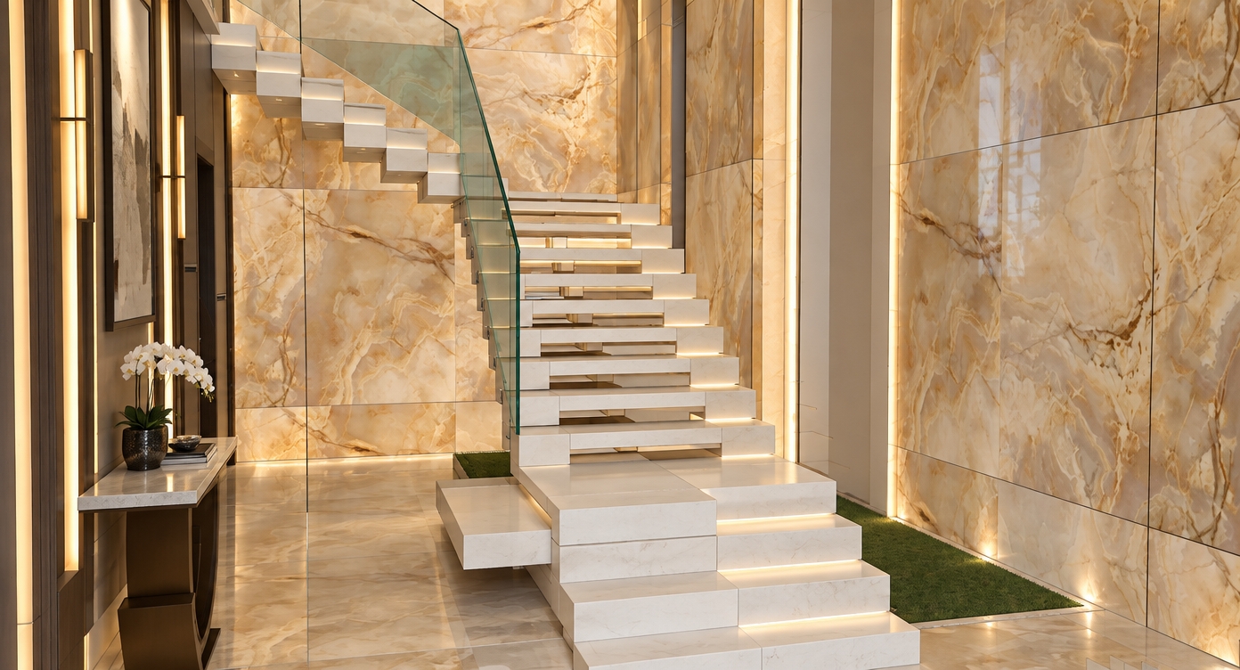 An architectural photograph of a modern luxury staircase hall, preserving the exact geometry, perspective, and layout. The walls feature polished, book-matched honey onyx slabs with realistic veining and glossy reflections. The floating staircase is crafted from smooth matte white architectural stone, showing crisp contact shadows, paired with a clean structural glass balustrade casting subtle reflections and green edge refractions. Warm, soft ambient interior lighting illuminates the scene, balancing highlights across the polished marble flooring and the console table to the left. Captured with a professional 35mm architectural lens, featuring clean vertical lines, natural depth of field, and rich physical material textures.