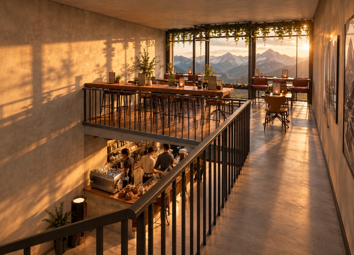 An incredibly lifelike, richly detailed, photorealistic high-angle interior shot of a multi-level mountain café set in a remote alpine valley. The scene is illuminated by the soft, golden-hued glow of a setting sun, casting long, dramatic shadows and creating an inviting, tranquil, and warm atmosphere. Captured with a 35mm wide-angle lens, emphasizing the rich, organic textures of the polished walnut bar counters, the sleek matte-black steel railings, and the soft tactile quality of the upholstered bistro chairs.

The composition highlights a sophisticated vertical flow, looking down from the mezzanine level toward the ground-floor espresso bar, where a professional-grade silver machine catches the late afternoon light. Large, floor-to-ceiling windows at the rear of the space frame a breathtaking view of silhouetted mountain peaks, while cascading ivy plants drape from the architectural framing above the glass, blending the modern interior with the rugged natural environment outside. The deep warmth of the wood, combined with the cool, crisp light filtering through the windows, creates a sense of peaceful isolation, perfect for a cozy escape in the high country.