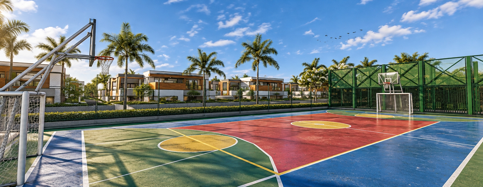 A photorealistic, bright daytime photograph of the scene, capturing the multi-sport court with vivid red, green, and blue acrylic painted surfaces showing subtle scuff marks and realistic court textures. The scene is illuminated by crisp, natural sunlight casting defined shadows, beneath a natural blue sky with soft drifting clouds and distant birds in flight. Realistic, lush palm trees flank the background, fronting modern townhomes with detailed warm timber paneling, clean white stucco, and glass reflections. The chain-link enclosure, basketball backboards, and metal hoops display authentic outdoor wear, captured with a sharp wide-angle lens, balanced natural exposure, and true-to-life architectural lighting.