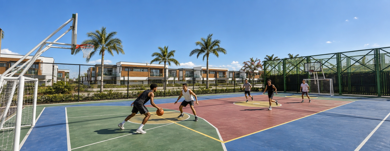 A wide-angle, photorealistic outdoor photograph under clear midday sunlight, preserving the exact composition, geometry, and layout of the multi-sport court. Several athletic individuals are captured in realistic motion playing basketball across the court, casting sharp, natural sun shadows onto the surface. The colored acrylic court shows realistic matte micro-textures with faint shoe scuffs, while the white metal goals, chain-link perimeter fences, background palm trees, and modern residential buildings feature authentic, tactile materials, true-to-life reflections, and balanced daylight exposure.