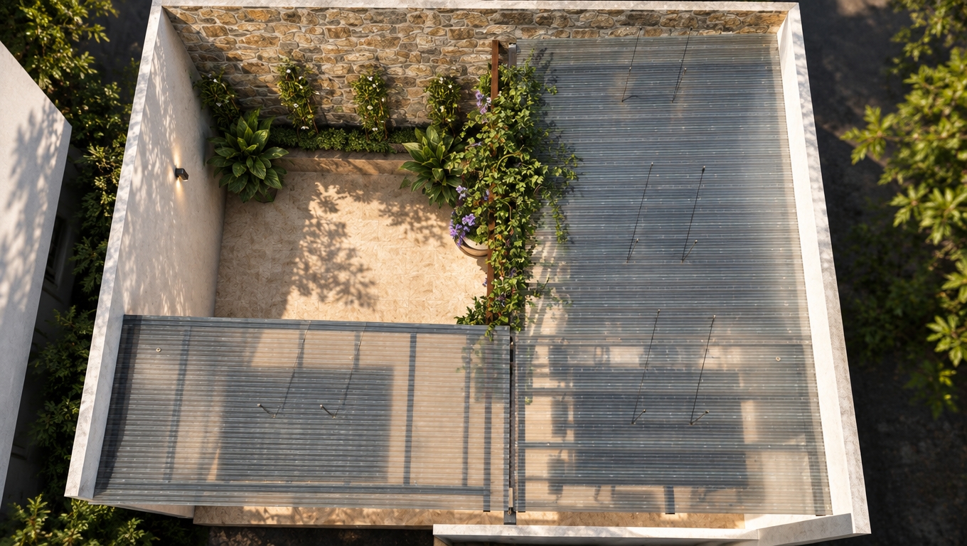 A photorealistic high-angle architectural photograph of the courtyard under clear afternoon sunlight, capturing the exact structure and composition. The translucent corrugated polycarbonate canopy is rendered with realistic light transmission, faint surface reflections, subtle dust, and soft shadow patterns cast onto the patio floor below. The rough stone wall, green climbing vines, potted plants, and light-toned ground pavers feature authentic micro-textures, crisp contact shadows, and natural color depth. Balanced ambient skylight softens high-contrast shadows, complemented by gentle film grain and faint optical vignetting to produce a genuine photographic finish.