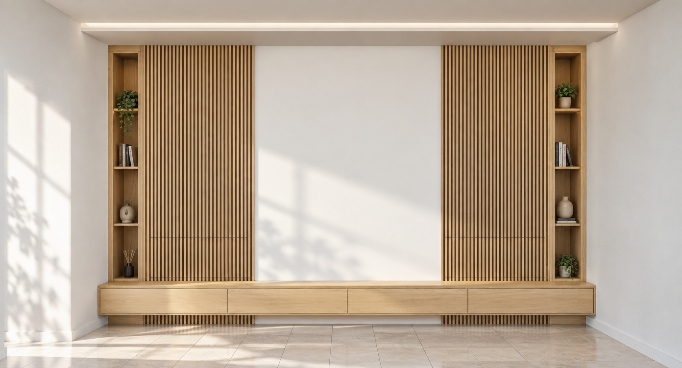 Architectural photograph of the modern built-in entertainment unit bathed in bright spring midday light, captured straight-on at eye level with a sharp 35mm lens. The vertical slatted accent walls, open side shelving, and low-profile floating credenza are rendered in natural light oak with realistic tactile grain and subtle satin sheen. Crisp natural sunlight casts soft-edged shadows across the smooth matte white center wall and surrounding surfaces, while the tiled floor displays realistic grout lines and gentle specular reflections. Balanced neutral daylighting, natural ambient occlusion within the slat recesses, and fine photographic grain complete the photorealistic finish while preserving the exact geometry and perspective.