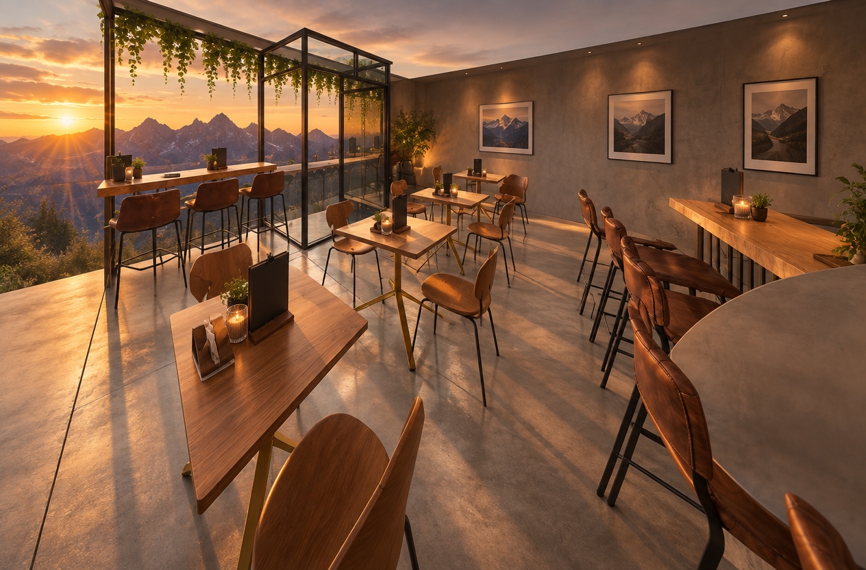 An incredibly lifelike, richly detailed, photorealistic interior perspective of a cozy mountain cafe set in a secluded alpine retreat. The scene is illuminated by the warm, honey-toned glow of a fading sunset filtering through floor-to-ceiling glass, creating a serene and contemplative atmosphere. Captured with a 24mm wide-angle lens, emphasizing the rich, organic wood grain of the tabletops and the tactile, matte finish of the mid-century modern seating. 

As twilight settles over the peaks outside, the interior comes alive with a soft, inviting ambiance. The space is thoughtfully arranged with elegant bar-height seating along the glass wall, offering patrons an uninterrupted view of the rugged, jagged silhouette of the mountains against an orange and violet sky. Verdant, cascading plants hang gracefully from the structural glass framing, blurring the line between the cozy, refined interior and the wild landscape beyond. The composition draws the eye across the polished concrete floor, connecting the individual bistro tables and the inviting counter spaces, while long, dramatic shadows stretch across the room, enhancing the depth and spatial clarity of this peaceful high-altitude haven.