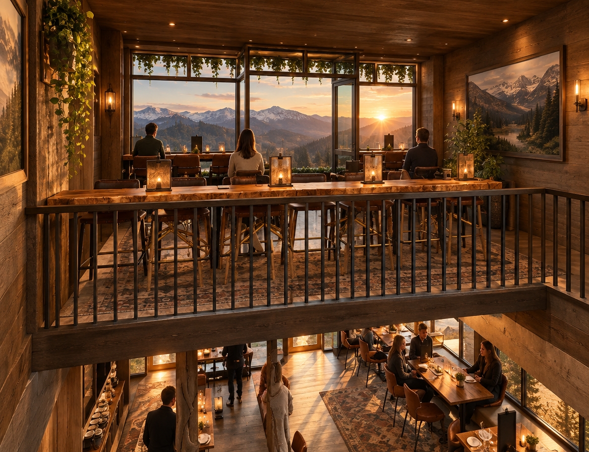 An incredibly lifelike, richly detailed, photorealistic interior perspective shot of a tiered mountain lodge dining room set in a secluded alpine sanctuary. The scene is illuminated by the golden, honeyed glow of a setting sun filtering through floor-to-ceiling windows, creating an intimate, cozy atmosphere that highlights the rugged textures of the space. Captured with a 35mm lens, the rendering emphasizes the rich grain of the heavy, hand-hewn wooden bar top and the weathered patina of the sturdy log-framed furniture.

The design exudes a rustic, cabin-inspired aesthetic, featuring a curated collection of deep forest greens, earthy browns, and warm, cream-toned neutrals. A plush area rug grounds the lower seating area, while mountain-range wall art serves as a striking focal point, complemented by an array of cascading indoor plants that bridge the gap between the interior and the exterior landscape. The composition draws the eye from the bustling, vibrant ground level—where guests dine at sleek wooden tables—up to the elevated bar seating that overlooks the valley. Reflections on the glass panes catch the fading twilight, while the interplay of soft shadows and warm highlights creates a sense of profound comfort and quiet luxury, perfect for a peaceful mountain escape.
