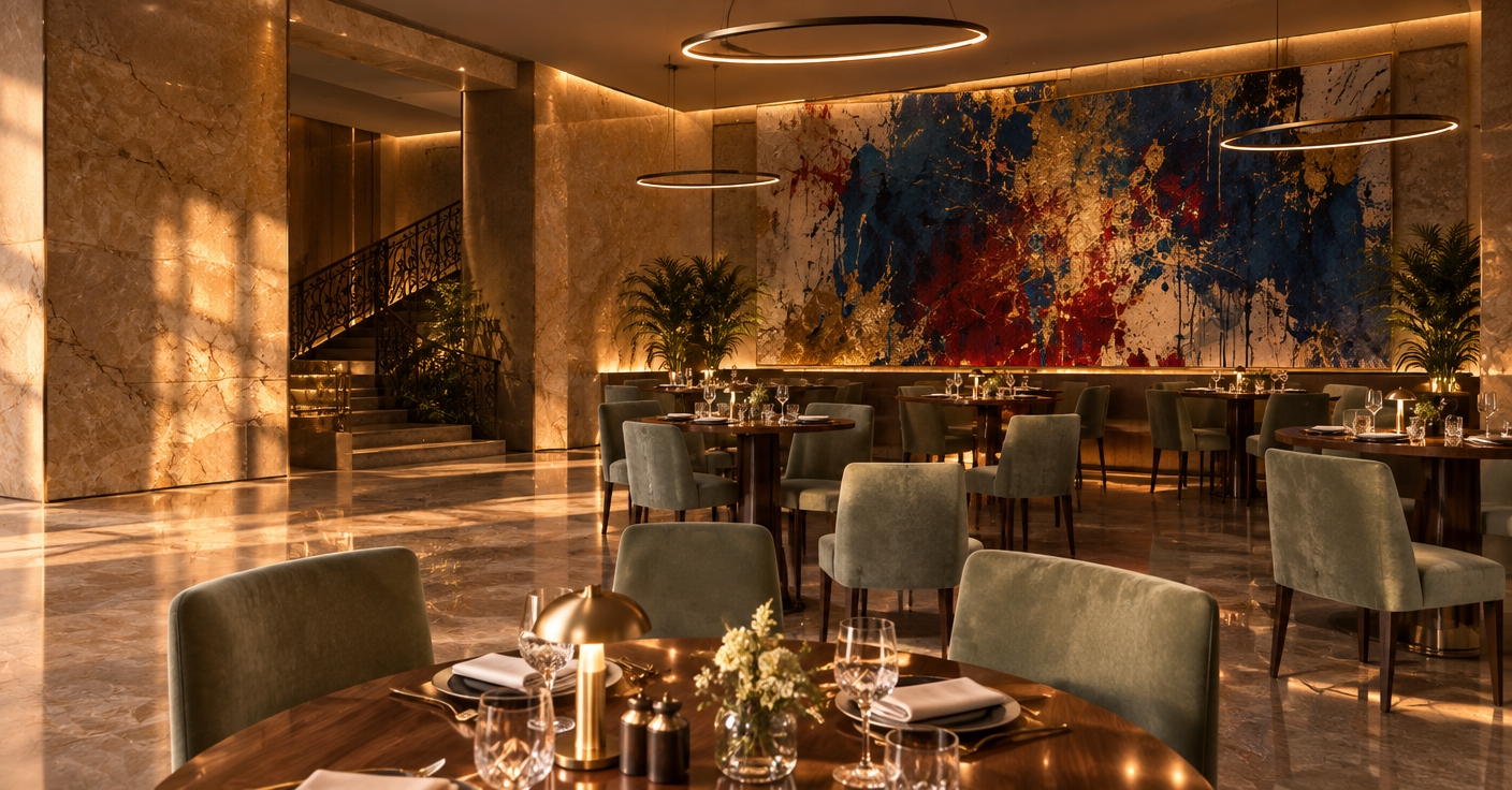 An incredibly lifelike, richly detailed, photorealistic interior shot of a sophisticated modern fusion restaurant set in a high-end urban establishment. The scene is illuminated by a warm, golden-hour glow that filters across the floor, creating a luxurious and welcoming atmosphere. Captured with a 35mm lens, emphasizing the interplay between the polished marble textures and the plush, tactile velvet of the seating.

The space is defined by its open-concept layout, where monumental walls clad in honey-toned, vein-cut marble provide a clean, geometric backdrop for the dynamic design. A massive, floor-to-ceiling abstract mural serves as the room's bold focal point; its vibrant, saturated splatters of sapphire blue, crimson red, and gold leaf contrast sharply with the muted elegance of the surrounding architecture.

The restaurant features modular, circular dining tables crafted from deep, polished walnut, which ground the space with their natural, organic warmth. These are paired with sleek, minimalist chairs upholstered in a muted sage-green velvet, adding a layer of contemporary comfort. The tables are meticulously dressed with fine crystal glassware and brushed-gold table lamps that cast intimate pools of light, enhancing the industrial-inspired elegance of the low-hanging, thin-profile circular pendant lights. 

In the background, a wrought-iron staircase with delicate, intricate scrollwork hints at an upper level, seamlessly blending classical craftsmanship with the room’s modern aesthetic. The polished marble flooring acts as a mirror, reflecting the soft ambient glow of concealed perimeter lighting, which traces the ceiling coves to enhance the sense of volume. The composition is balanced and rhythmic, drawing the eye from the intimate foreground table toward the lush, emerald greenery tucked into the peripheral dining zones, which adds a touch of life to the otherwise crisp, structured environment. Every surface, from the smooth, cool stone to the warm, tactile wood and soft fabrics, is rendered with absolute clarity, evoking the prestige of a high-end architectural photography book.