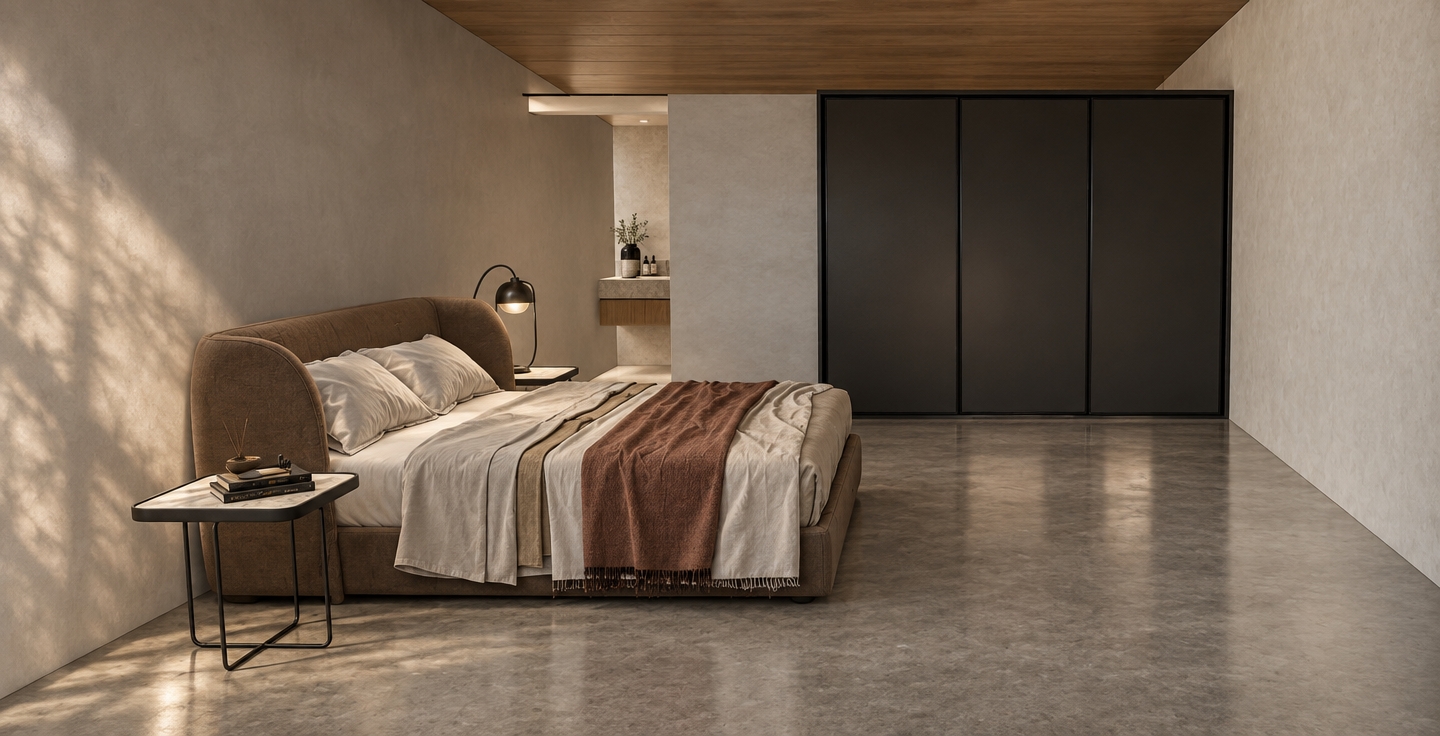 A realistic architectural photograph of the bedroom exactly preserving the perspective, layout, and composition, featuring a smooth polished concrete floor with soft reflections and a warm faux-wood paneled drop ceiling. Soft ambient natural light illuminates the room, capturing realistic fabric folds on the bed linens and textured upholstery on the curved headboard. The walls display a clean, matte plaster texture, while the dark closet panels show subtle sheen and fine edge details. The image has balanced exposure, gentle shadow roll-off, crisp focus across the room, natural depth of field, and subtle lens vignetting.
