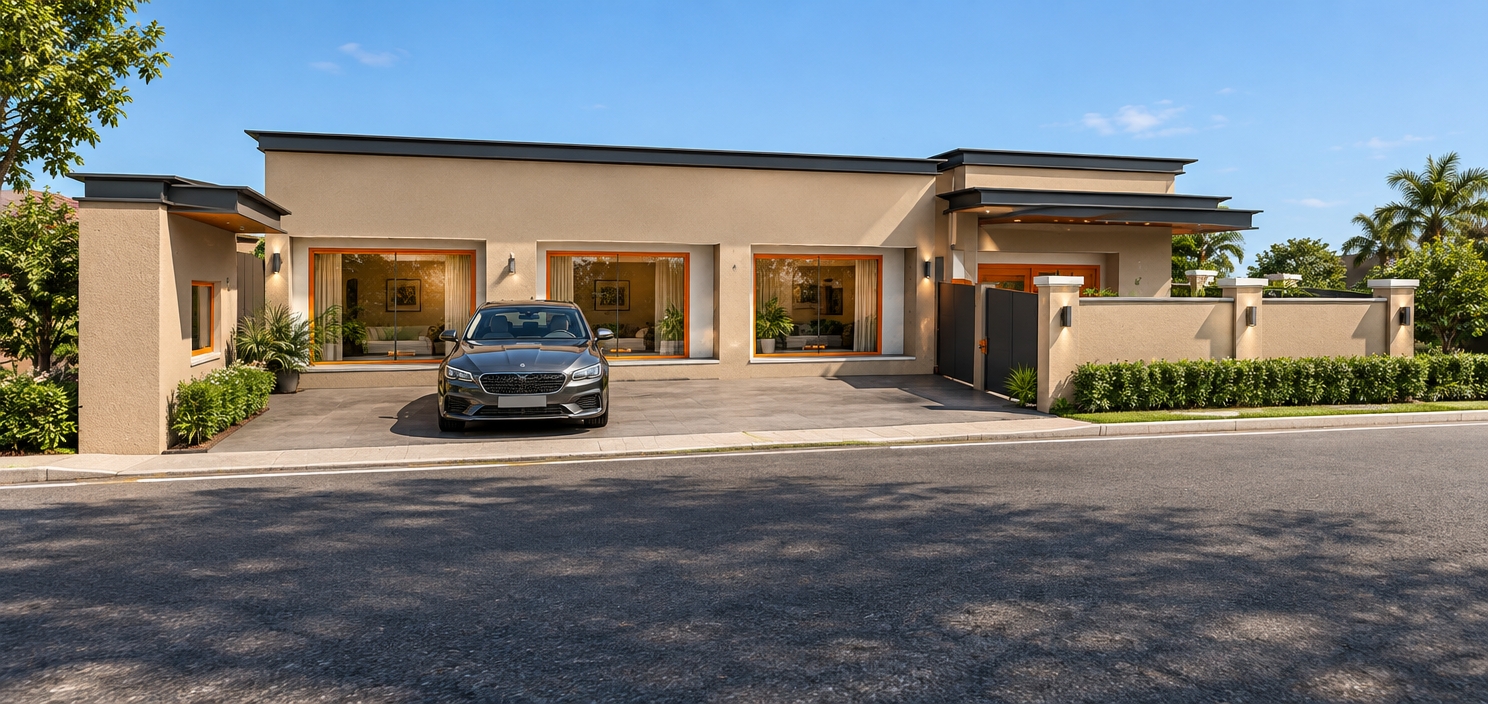 An incredibly lifelike, richly detailed, photorealistic eye-level exterior shot of a modern fusion residential complex set in a quiet, sun-drenched urban neighborhood. The scene is illuminated by the crisp, bright light of a high-noon sun, creating a vibrant, sharp-edged atmosphere. Captured with a 35mm lens, emphasizing the smooth, matte-stucco textures of the facade, the polished metallic trim of the awnings, and the sleek, high-gloss finish of the vehicle parked in the forecourt.

The architecture showcases a bold, geometric aesthetic characterized by a modular, low-slung profile that blends industrial-inspired clean lines with warm, inviting materiality. The exterior walls are finished in a soft, neutral earth tone, punctuated by vibrant orange architectural frames around the entryways that hint at an open-concept, modern interior living space. Lush, deep-green landscaping spills over the low perimeter wall, providing a natural contrast to the structured, urban composition. The interplay of deep shadows cast by the roof overhangs and the bright, reflective surfaces creates a sense of depth and dimensionality, reflecting a sophisticated, contemporary approach to suburban living.