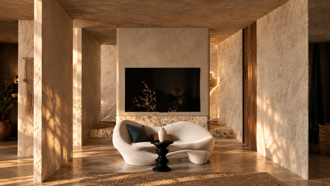 An incredibly lifelike, richly detailed, photorealistic interior photo of a bohemian-inspired sanctuary set in a warm, textured desert retreat. The scene is illuminated by soft, golden-hour light filtering through unseen openings, creating a serene, meditative atmosphere. Captured with a 35mm lens, emphasizing the tactile richness of hand-troweled lime-wash walls in earthy neutrals and the organic, sculptural curves of a modern white sofa. The composition is anchored by a sleek, matte black pedestal table holding a delicate, minimalist vase with spindly branches, contrasted against the deep, obsidian void of a recessed television set. The surrounding architecture exudes a raw, artisanal quality, featuring rugged, weathered textures and hidden alcoves lined with rich walnut wood panels. Layers of deep teal and rust-colored textiles are hinted at in the periphery, while subtle shadows dance across the sand-toned floors, enhancing the depth of field. The space feels like a page from a high-end design photography book, blending globally-inspired eclectic elements—from macrame accents tucked into the shadows to the raw, organic geometry of the room—into a cohesive, free-spirited oasis that prioritizes texture, soul, and tranquil, handcrafted elegance.