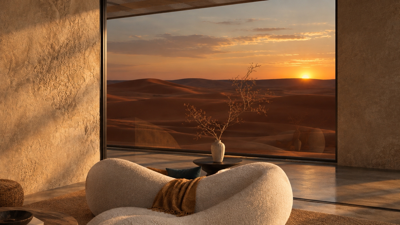 An incredibly lifelike, richly detailed, photorealistic interior shot of a bohemian-inspired sanctuary set in a tranquil desert oasis. The scene is illuminated by the soft, golden-hour glow of a setting sun filtering through a vast floor-to-ceiling glass wall, creating a serene, contemplative atmosphere. Captured with a 35mm lens, the focus emphasizes the intricate, tactile textures of the room, from the raw, hand-applied lime wash on the walls to the organic, curved silhouette of a plush, cream-toned sculptural sofa that anchors the foreground. A minimalist ceramic vase holding delicate, dried branch arrangements rests on a dark, sleek pedestal, casting soft, elongated shadows across the floor. Beyond the glass, the vista reveals the undulating, rhythmic dunes of the desert at dusk, rendered in deep shades of warm rust and scorched ochre, which harmonize beautifully with the layered aesthetic of the interior. The room is curated with a globally-inspired sensibility, featuring subtle hints of mustard and deep teal textiles, woven rattan accents, and a sense of free-spirited minimalism that balances the heavy, textured walls with the airy openness of the landscape. Every detail, from the deliberate grain of the finishes to the sharp, clear reflection of the interior within the glass, evokes the sophisticated imagery found in a high-end photography book on desert modernism, capturing a moment of profound stillness and earth-bound elegance.