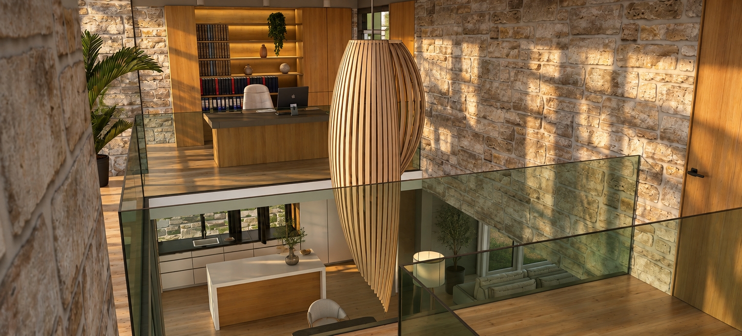 A sharp architectural photograph of the multi-level interior bathed in early sunrise light, maintaining the exact perspective, geometry, and composition of the scene. Low-angled golden sunlight streams across the space, casting elongated, soft shadows along the rough-hewn stone walls and oak wood cabinetry. The tinted glass balustrades show realistic refraction, delicate reflections, and true optical transparency. The hanging curved wooden slat pendant captures soft morning edge highlights, while authentic micro-textures, matte surfaces, and gentle ambient occlusion ground the office and lower kitchen in realistic morning atmosphere, captured with a professional wide-angle lens, clean dynamic range, and subtle photographic grain.