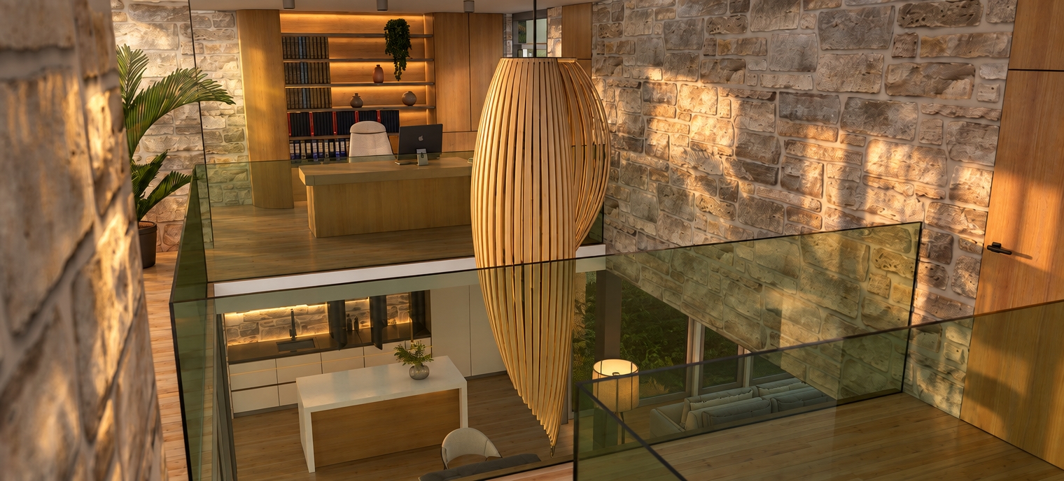 A photorealistic architectural photograph capturing the exact scene during early sunrise, illuminated by low-angle golden morning light casting soft, elongated shadows across the rough-hewn stone walls and warm wood cabinetry. The green-tinted glass balustrades display authentic reflections, subtle surface imperfections, and realistic optical transparency, while the central curved slatted wooden pendant catches the radiant dawn glow along its edges. Balanced interior ambient lighting gently reveals the lower kitchen and upper study areas, preserving every structural detail, material finish, and perspective with professional wide-angle clarity, natural depth, and delicate morning warmth.