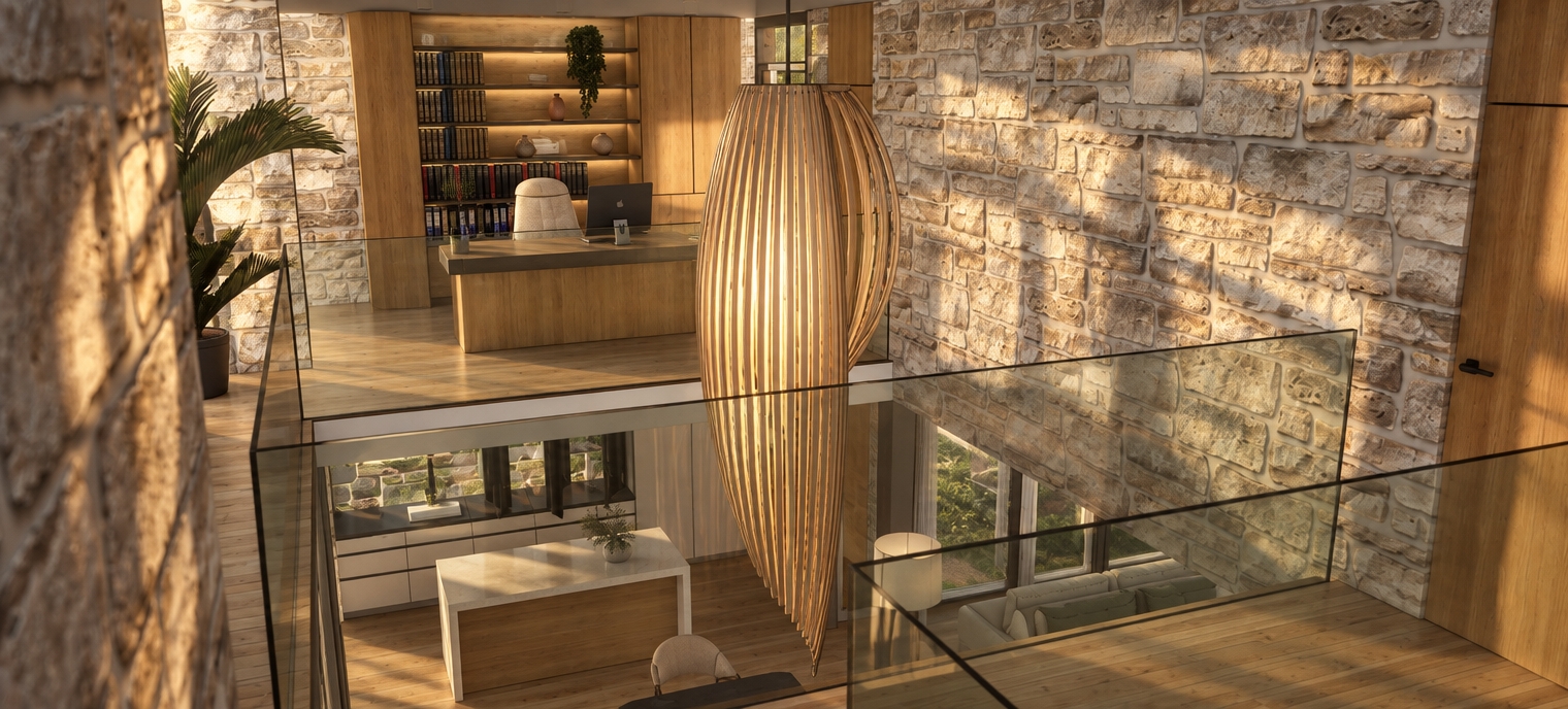 A professional architectural photograph capturing this multi-level interior at sunrise, maintaining the exact layout, framing, and geometry. Low-angled golden morning sunlight streams through the space, casting long, soft shadows across the textured rustic stone walls and natural oak surfaces. The glass balustrades are rendered as realistic architectural glass with authentic transparency, subtle refractions, and delicate reflections, while the large slatted pendant light catches the warm dawn glow. Shot on a wide-angle lens with balanced dynamic range, soft morning light haze, tactile surface finishes, and subtle photographic grain.