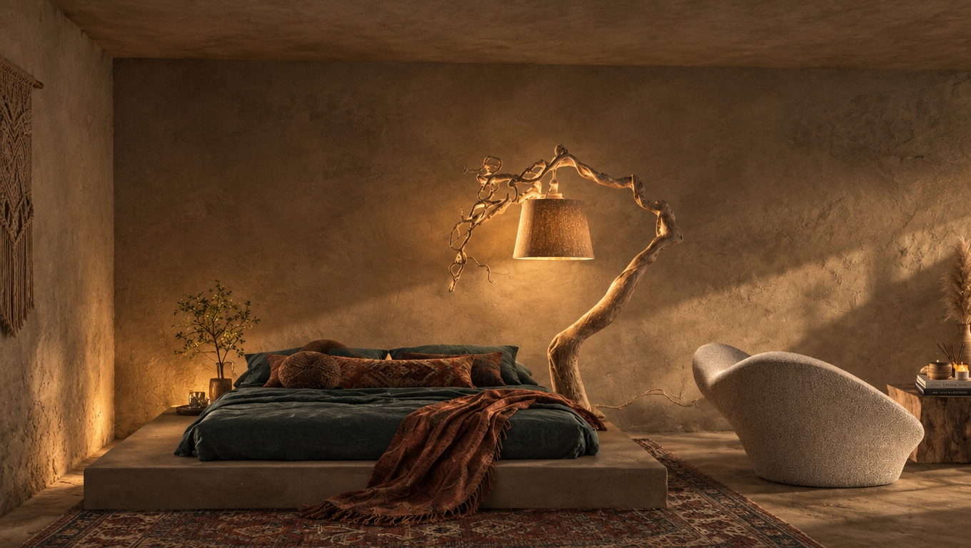 An incredibly lifelike, richly detailed, photorealistic interior shot of a bohemian bedroom oasis set in a serene, earth-toned sanctuary. The scene is illuminated by the soft, ethereal glow of a sculptural, branch-like floor lamp that casts gentle highlights across the space, creating a warm, contemplative, and free-spirited atmosphere. Captured with a 35mm wide-angle lens, the image emphasizes the tactile depth of the rugged, hand-plastered walls finished in earthy neutrals, which serve as a textured canvas for the layered interior. The composition centers on a low-profile platform bed draped in plush linens in deep teal and warm rust, accented by a collection of vintage-inspired textiles. To the side, a smooth, sculptural lounge chair invites relaxation, while a handcrafted side table holds a stack of photography books and artisanal decor. A delicate sapling adds a touch of organic life near the bed, while hints of rattan, pampas grass, and subtle macrame details contribute to a globally-inspired, eclectic aesthetic, with the lighting creating long, soft shadows that heighten the sense of stillness and soulful comfort in this curated, bohemian retreat.